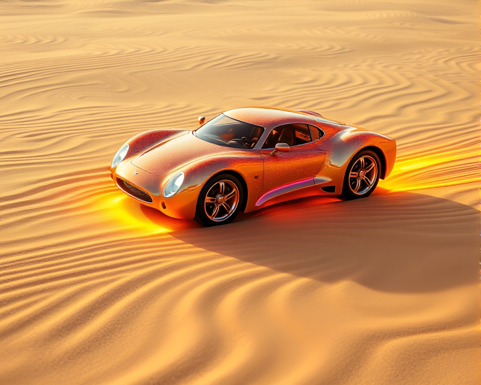 Surrealist scene of a sand swirl pattern with a hovering car emitting a bright shine
