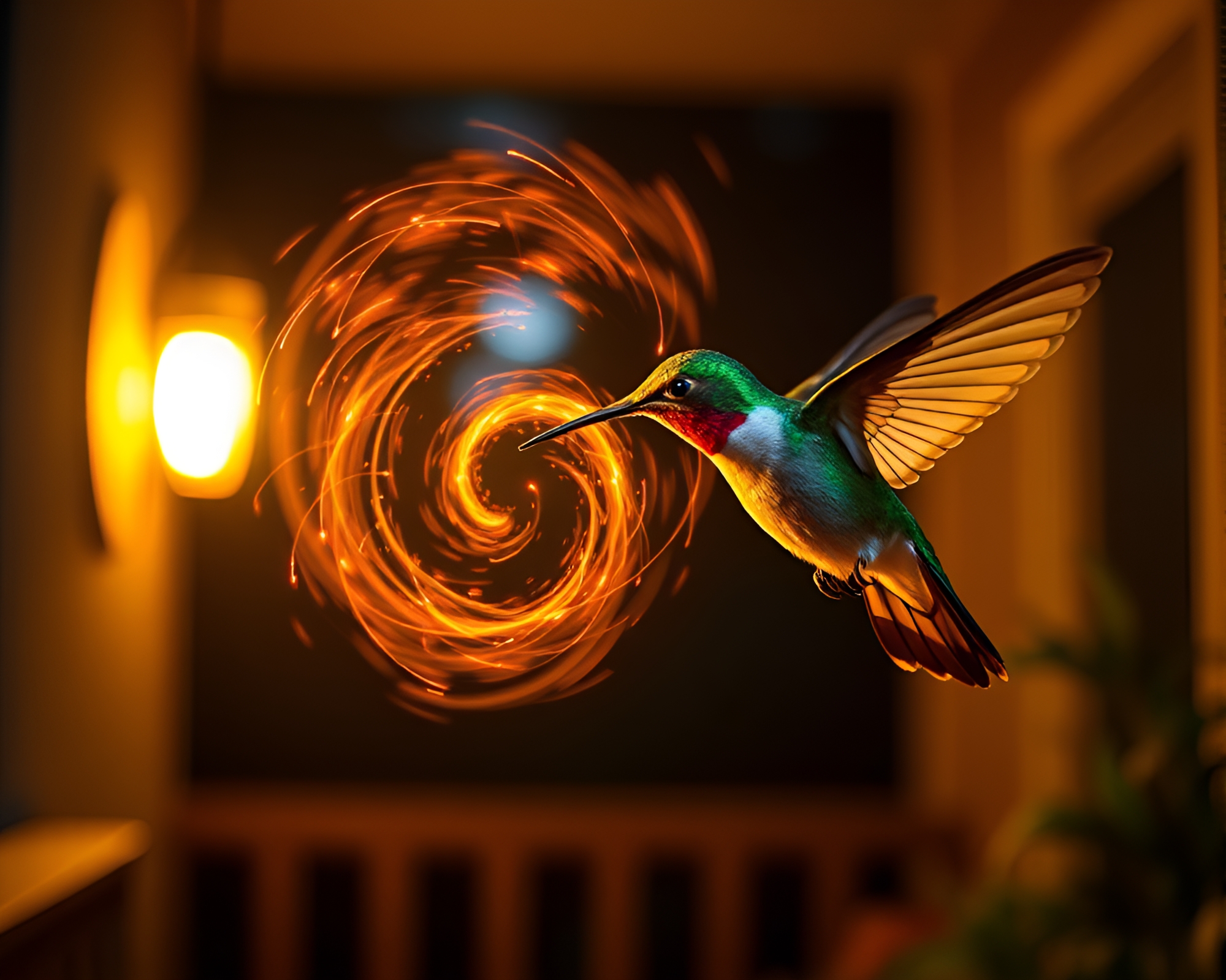 Ethereal Fibonacci Hummingbird Glowing in Porchlight – free AI stock image