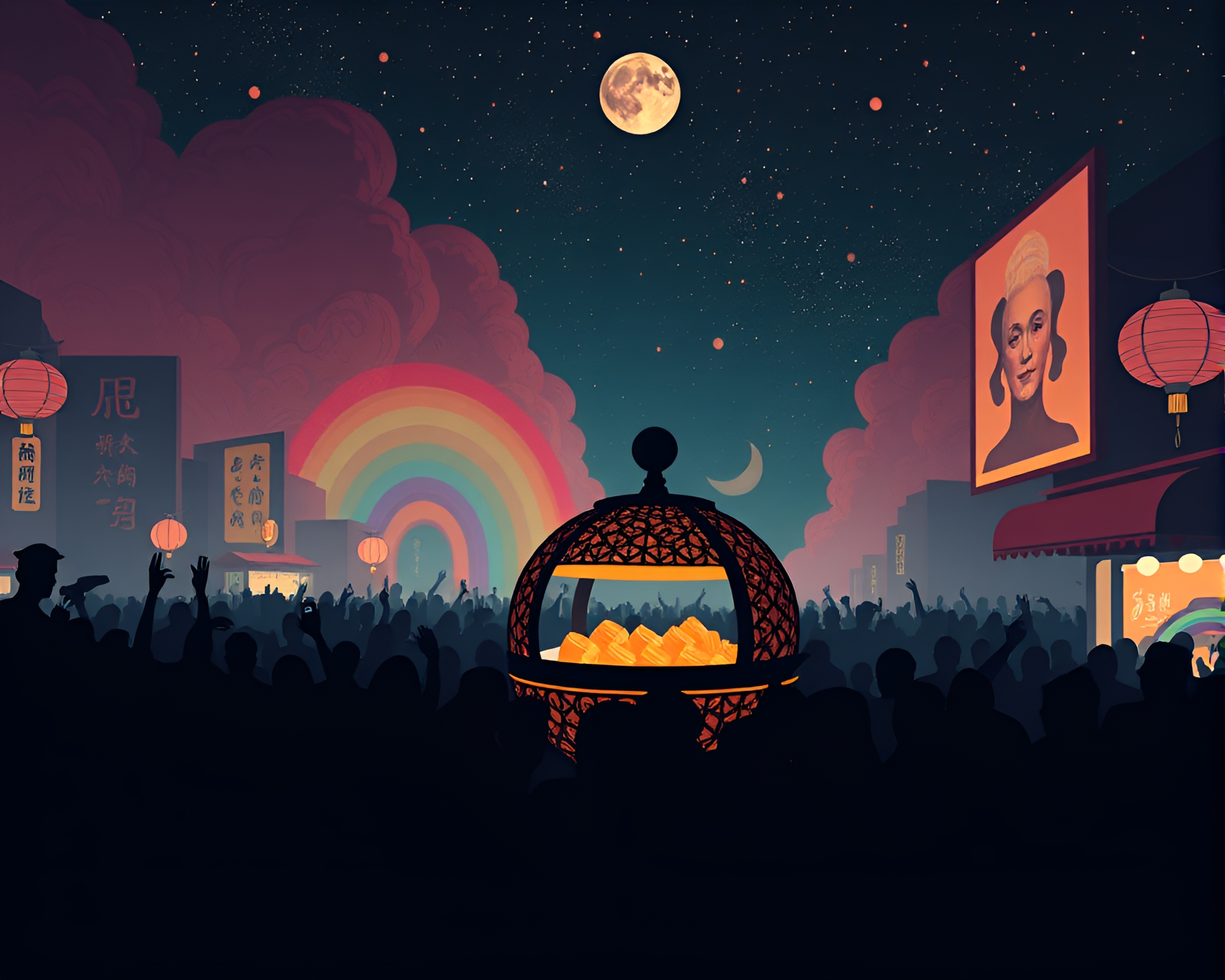 Surreal Crowd Silhouette in Cosmic Rainbow Dim Sum Ambiance – free AI stock image