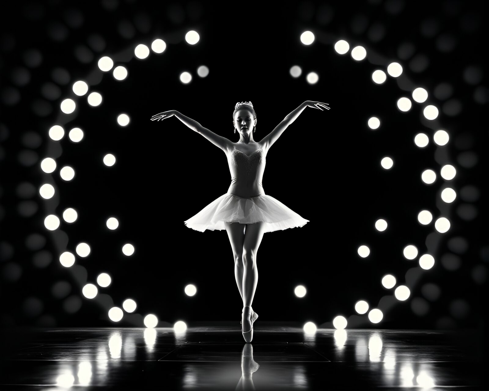 A photorealistic ballet dancer in high-contrast noir lighting