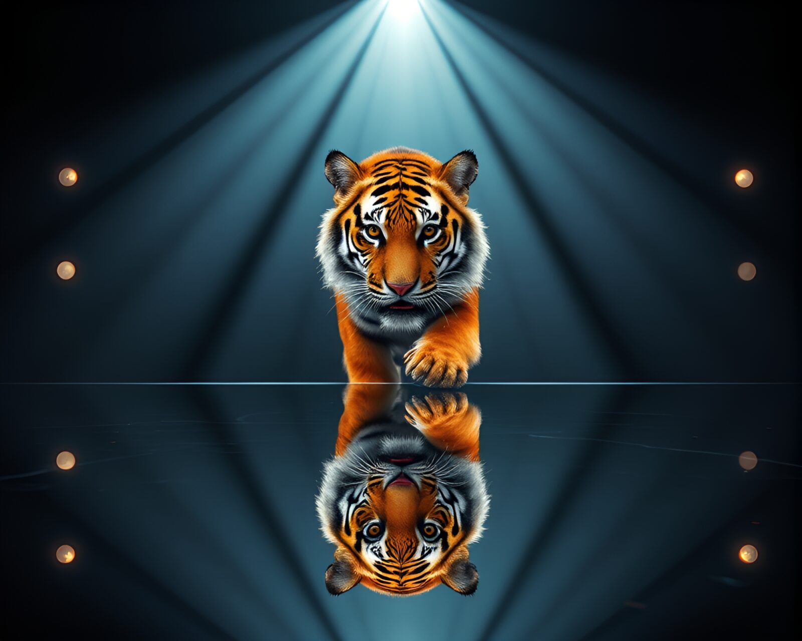 Hyper-realistic tiger with double reflection, lit by stage spotlight