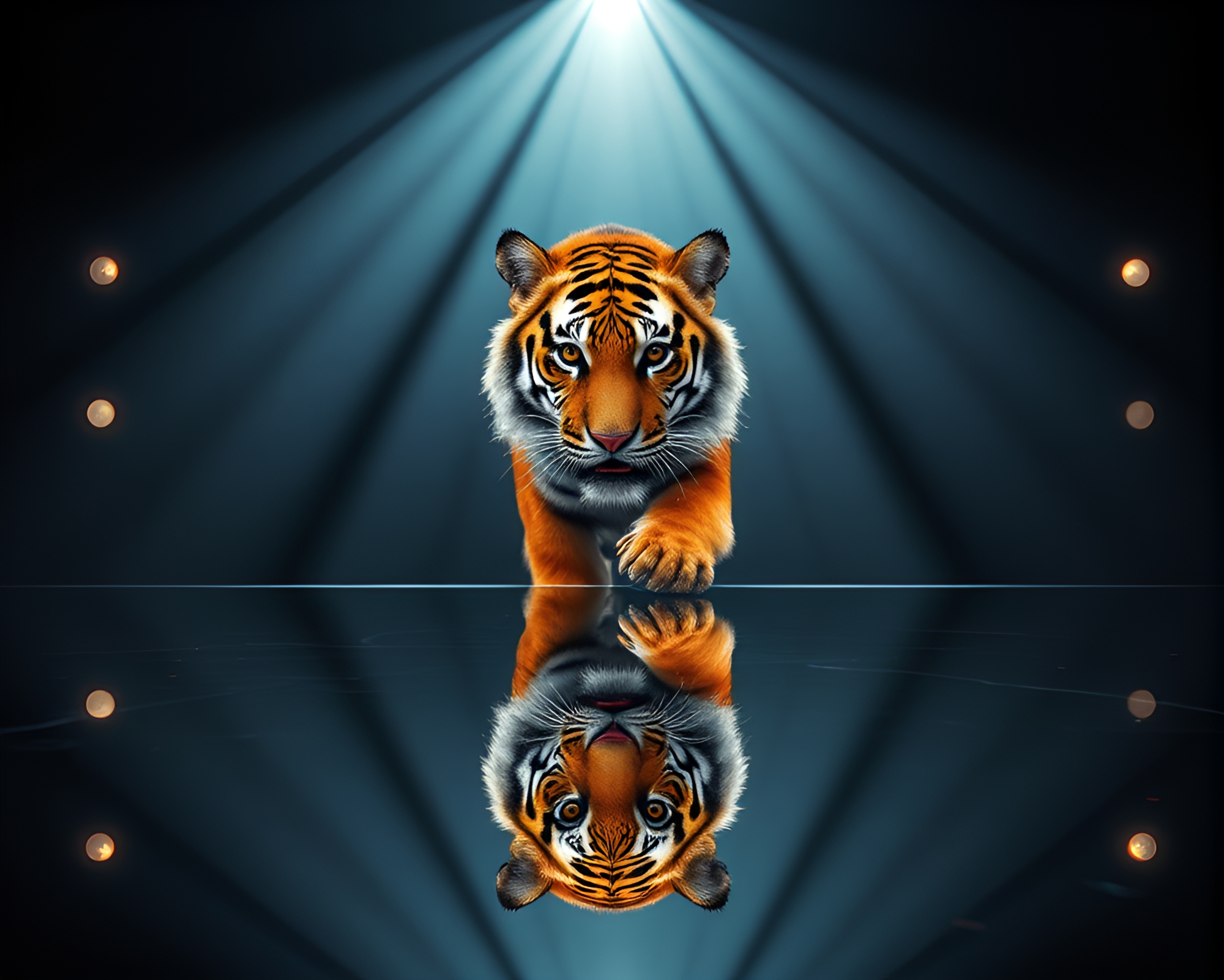 Mesmerizing Tiger Double Reflection in Stage Spotlight – free AI stock image