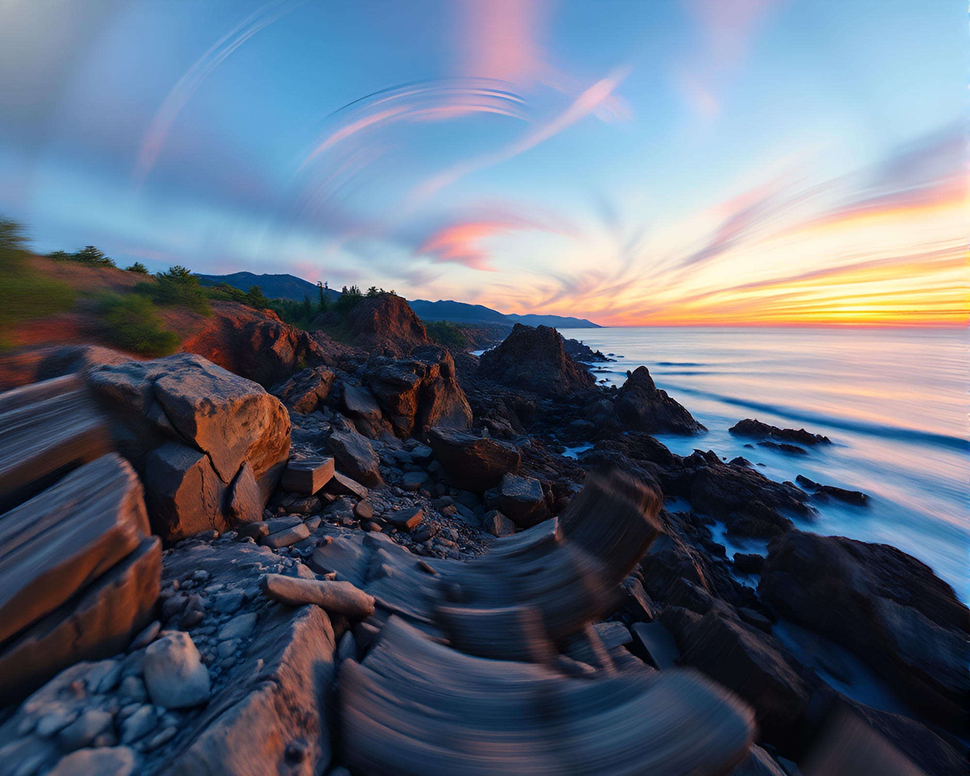 Swirling Dusk: Rocky Mural Coastline – free AI stock image