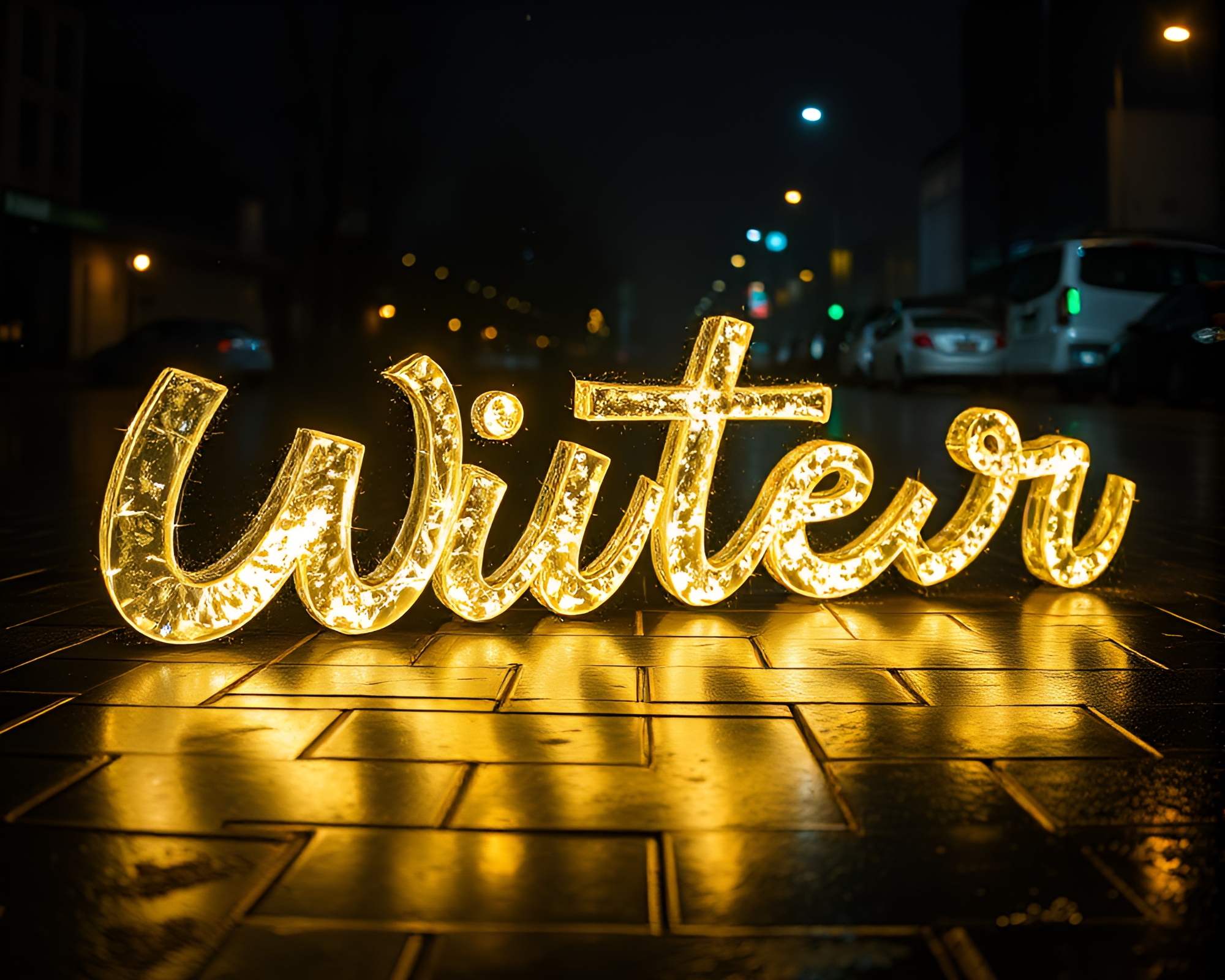 Glowing Crystal Floating Above Wet Calligraphy Pavement – free AI stock image