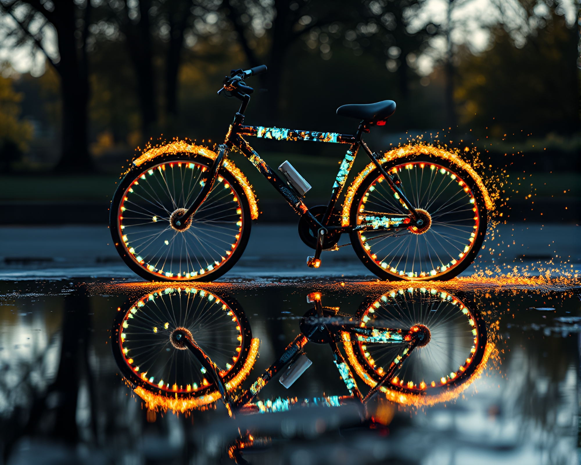 Solar-Powered Bike Reflecting in Glitter Dust Puddle – free AI stock image