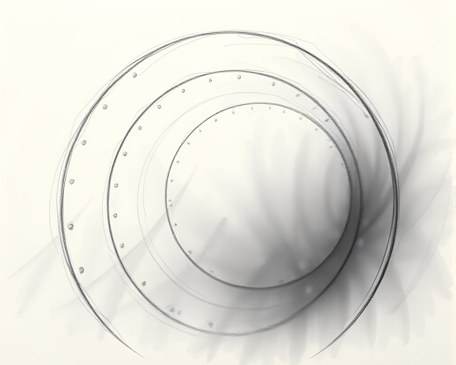 Pencil sketch of glass tunnel with dust particles in light