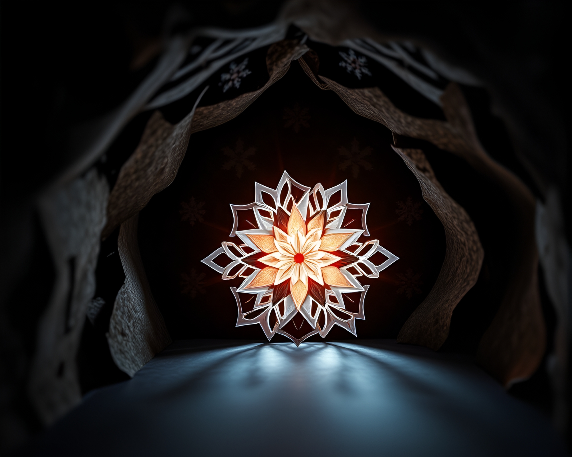Snowflake Origami Flower in Mosaic Cave Entrance – free AI stock image