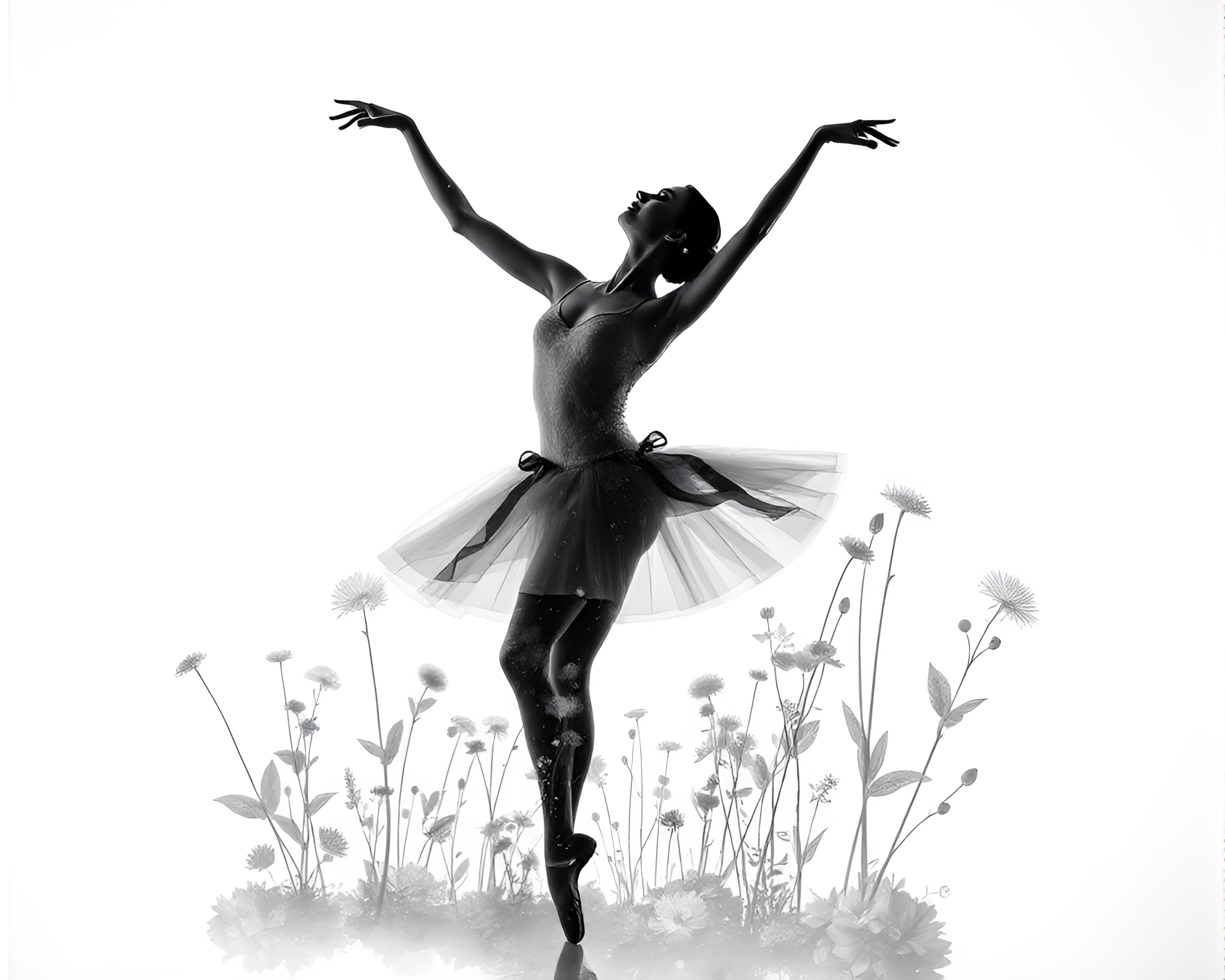 Ethereal Ballet: Monochrome Blue Botanical Double Exposure – free AI stock image