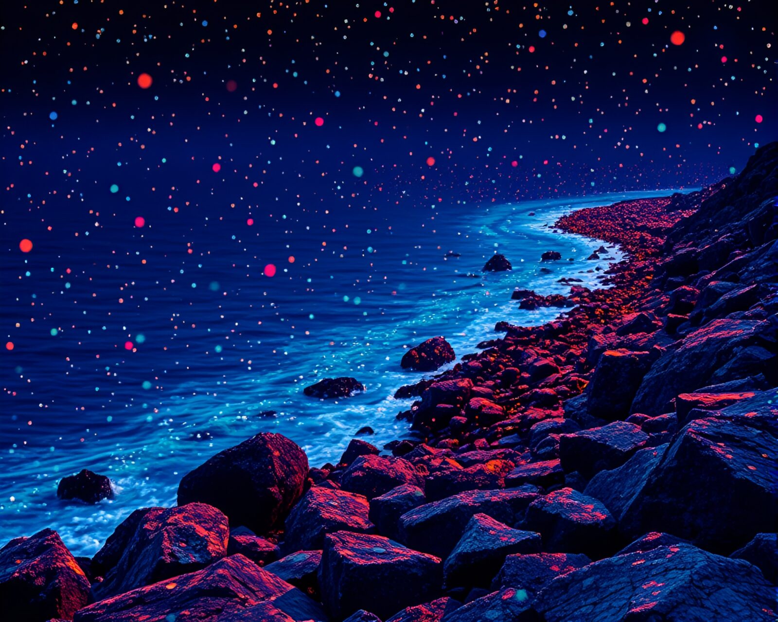 Vibrant holographic dots depict a surreal rocky coastline scene