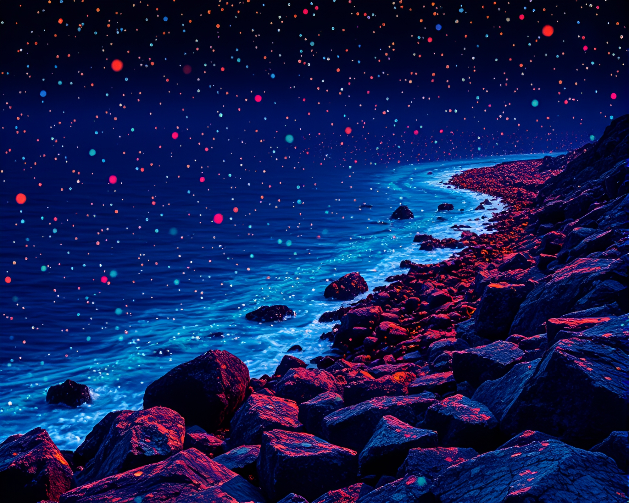 Hyper-saturated Holographic Rocky Coastline Pointillism – free AI stock image