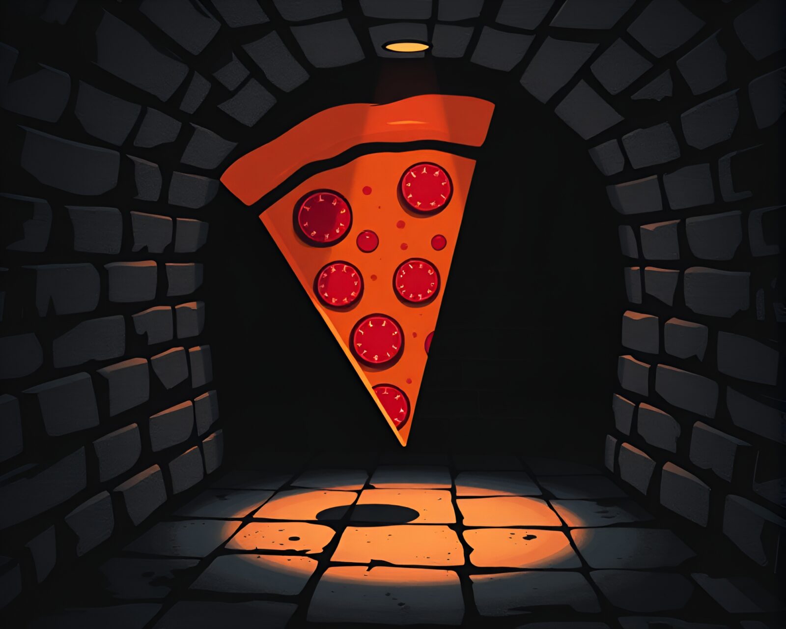 A single pizza slice illuminated in basement gloom