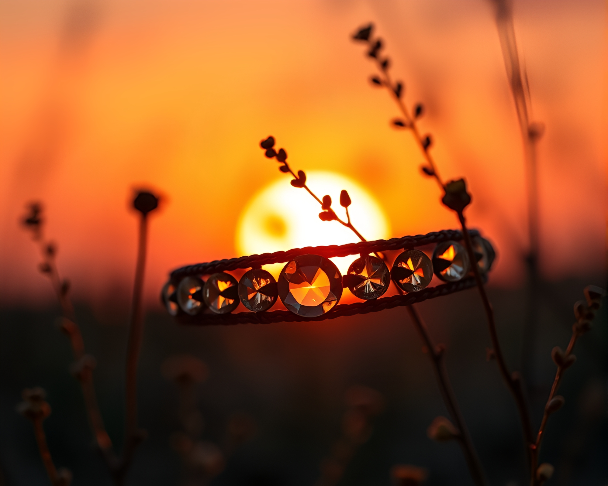 Sunset Botanical Bracelet Lens Flare Composition – free AI stock image