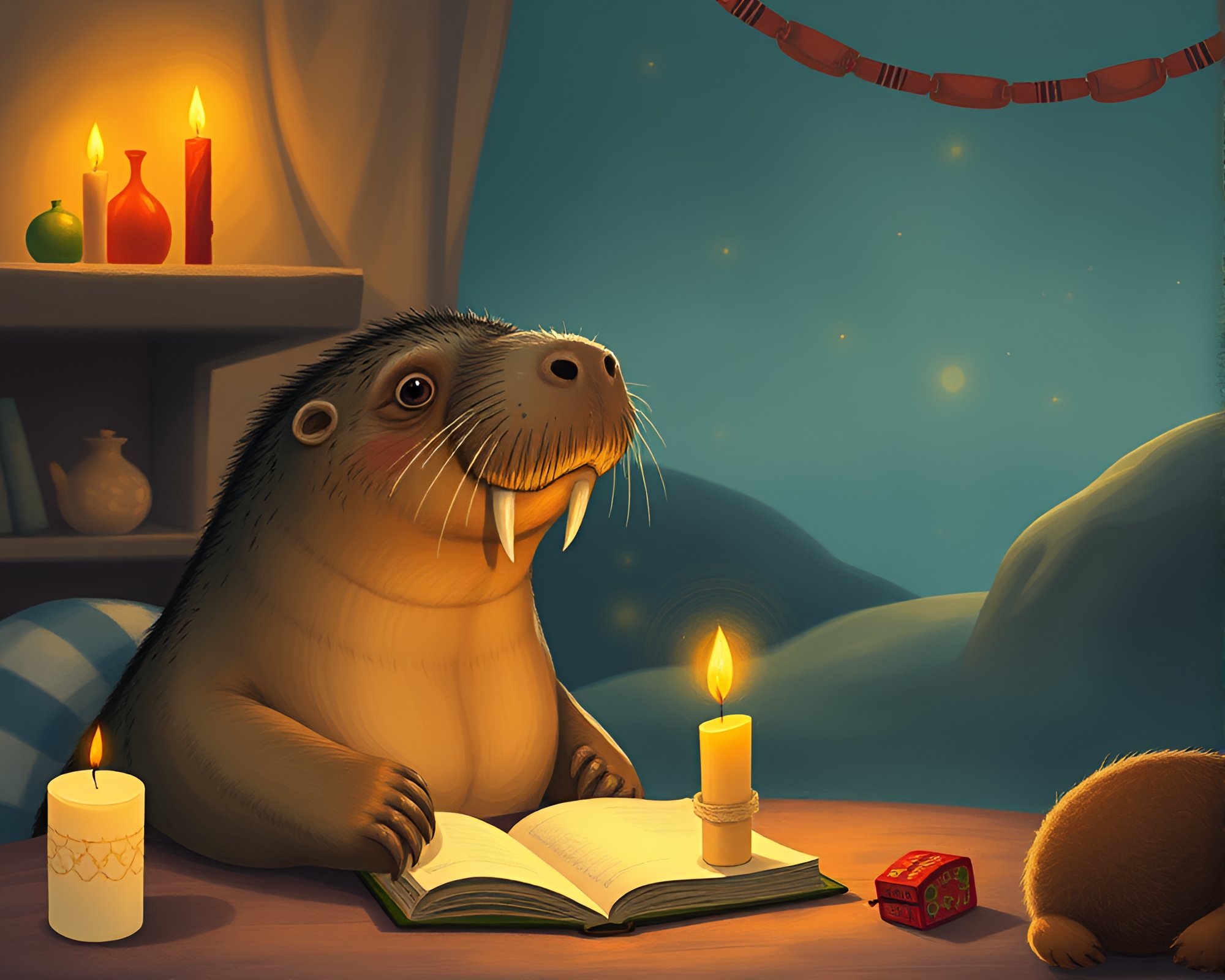 Enchanting Walrus Candlelit Scene in Children’s Book Style – free AI stock image