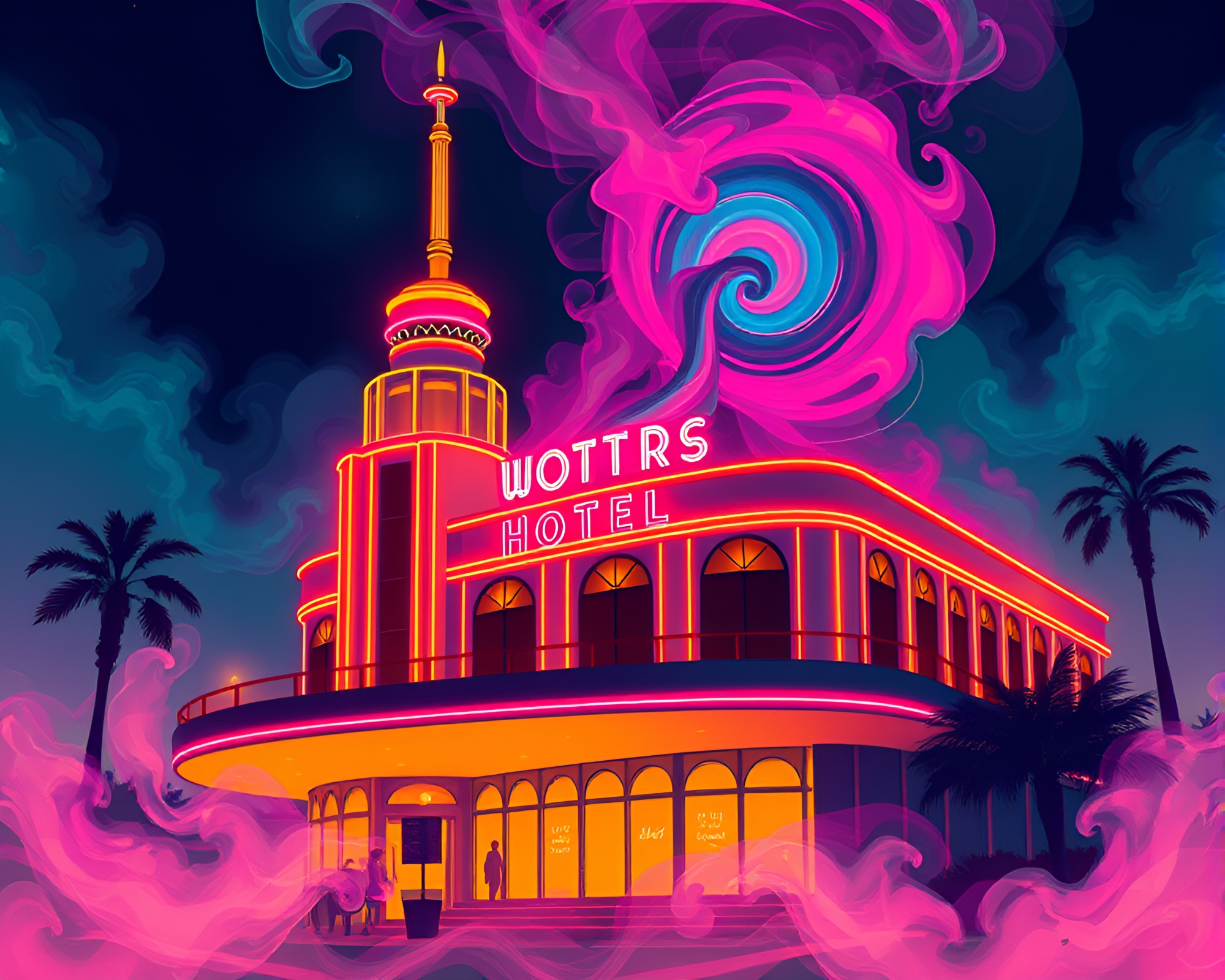 Art Deco Hotel with Vibrant Neon Colors – free AI stock image