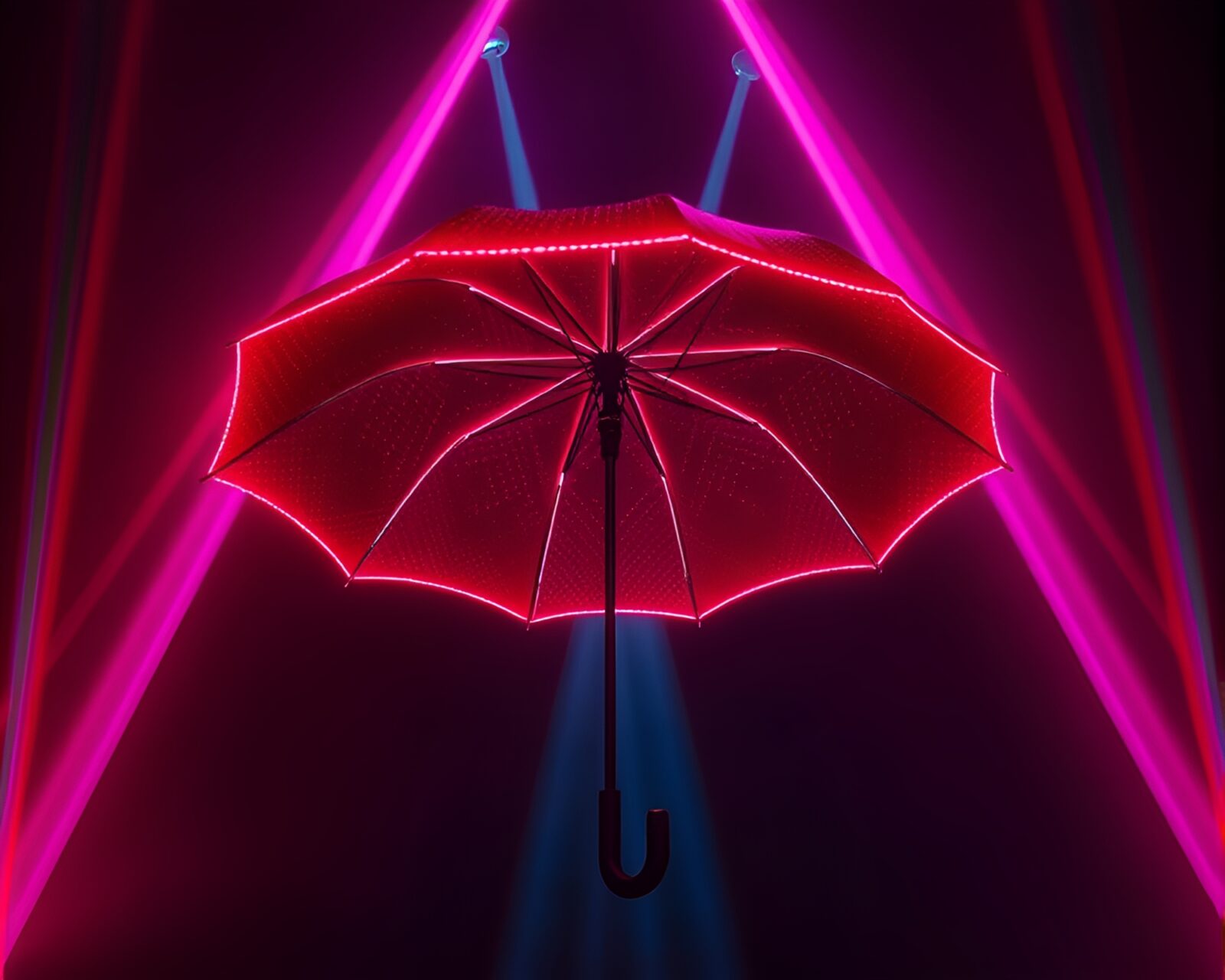 Vibrant umbrella illuminated by colorful lasers in dark sci-fi scene