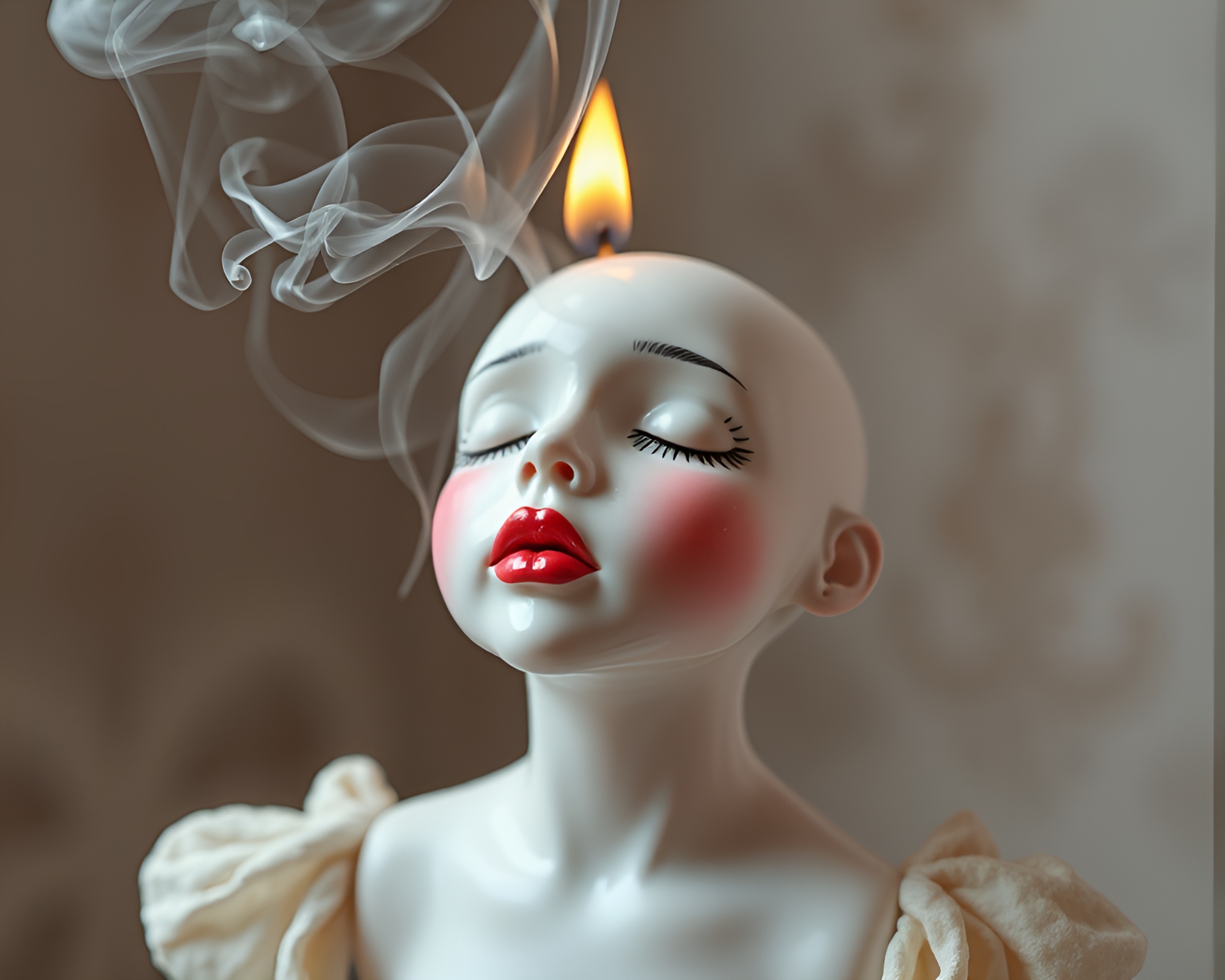 Op Art Porcelain Doll in Planetary Pastel Smoke – free AI stock image