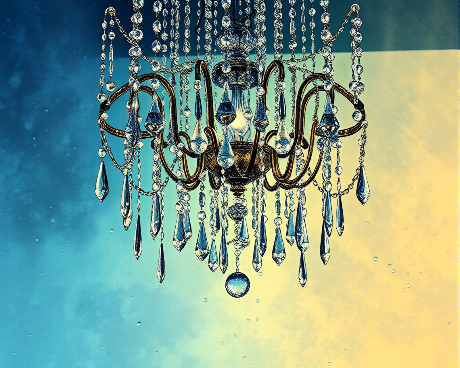 Fantastical crystal chandelier covered in colorful water droplets
