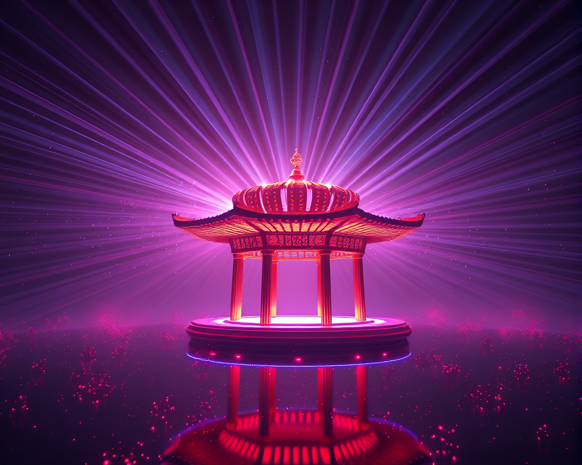 Digital Laser Beams Illuminate Floating Wireframe Pavilion – free AI stock image