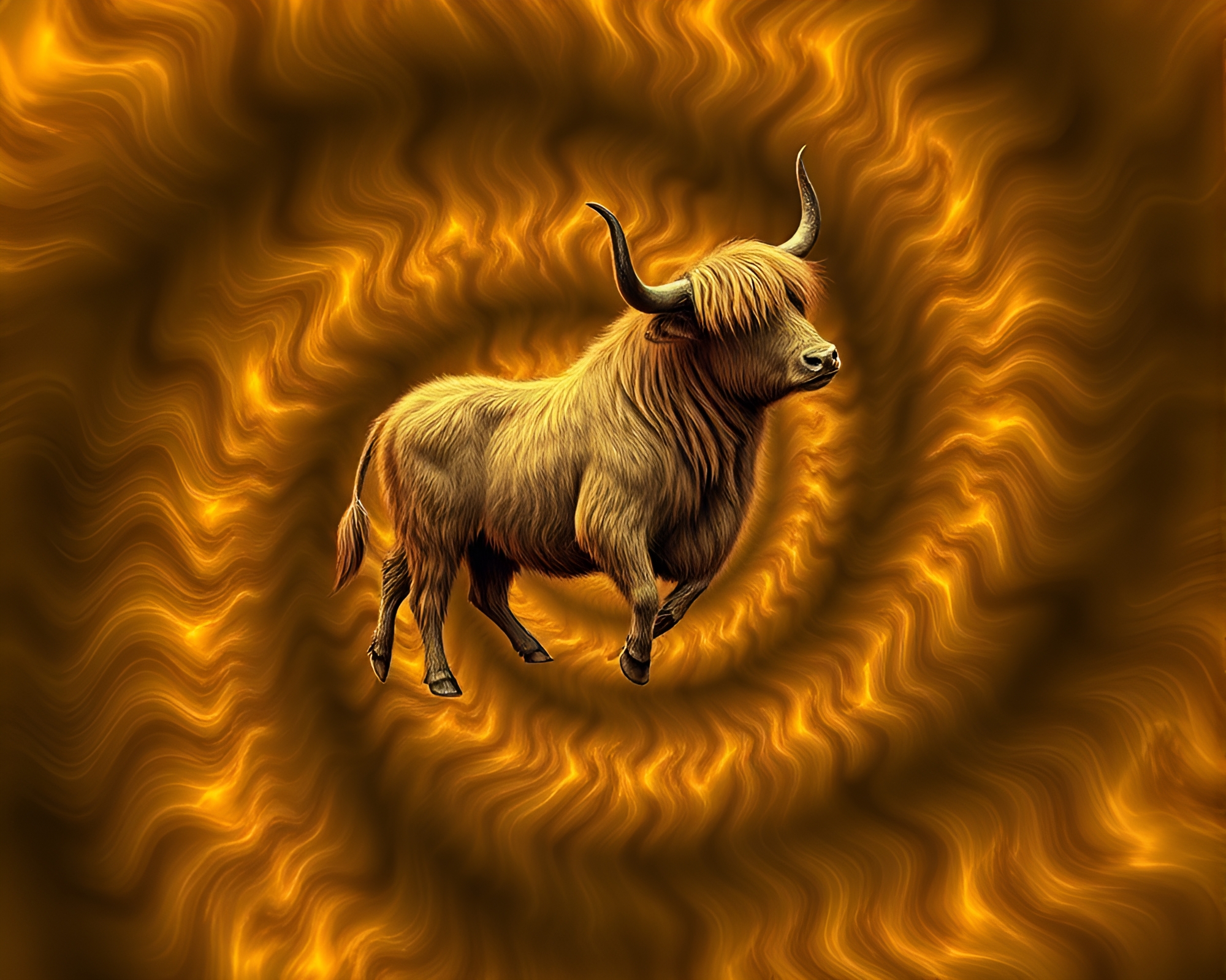 Enchanting Highland Cow in Fibonacci Spiral Glow – free AI stock image