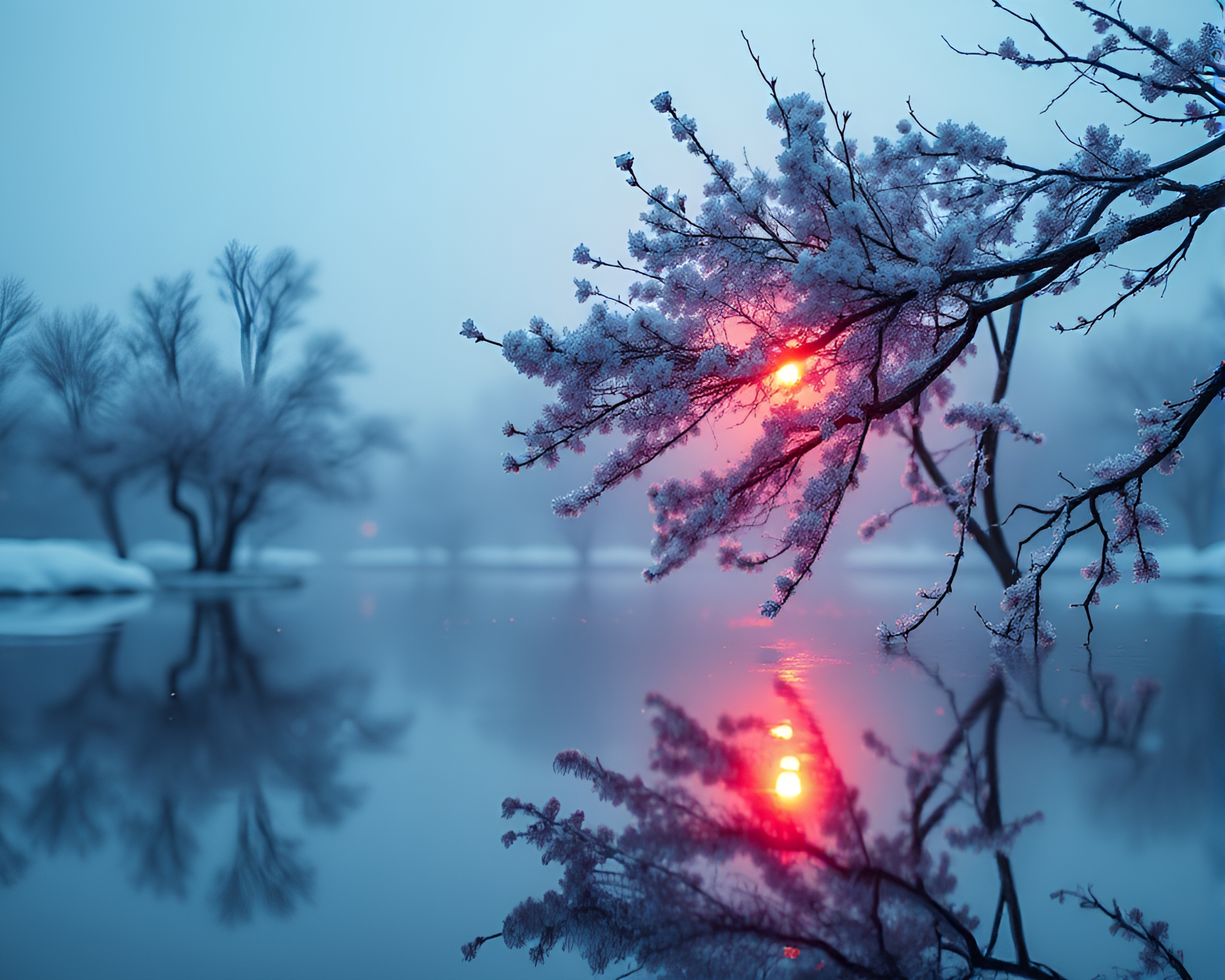 Spring Blossom Reflection Silhouette in Ultraviolet Light – free AI stock image