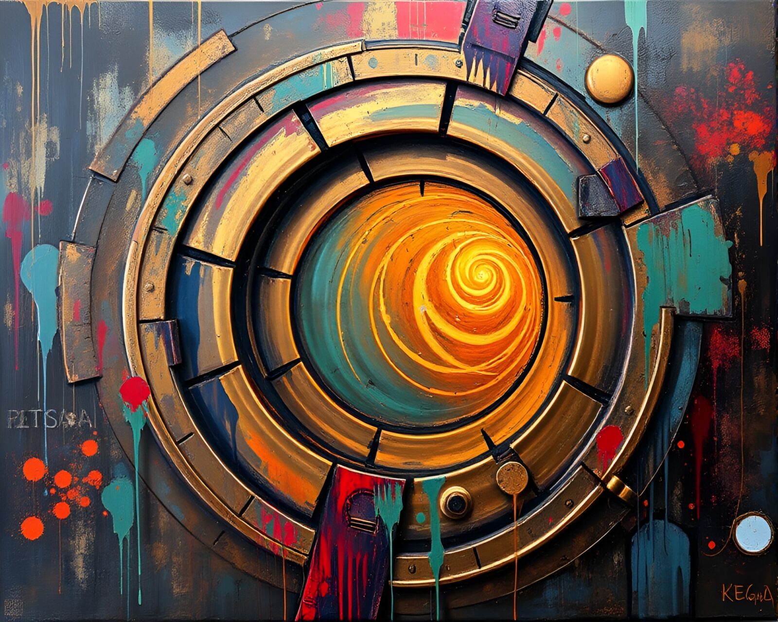 Colorful acrylic painting of vivid wormhole generator with graffiti vibes