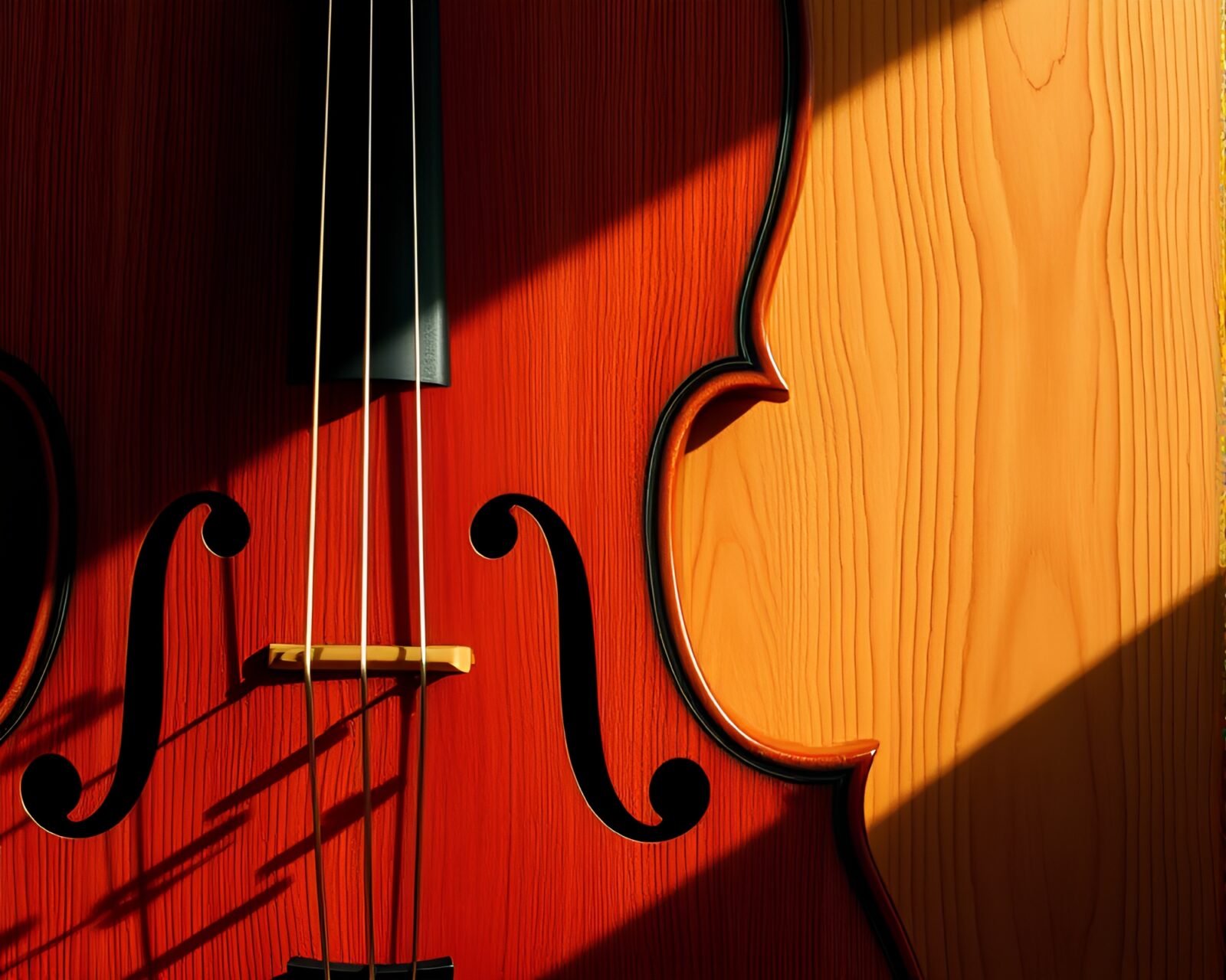 Illustration of a cellist surrounded by striking wood grain patterns and hard shadows