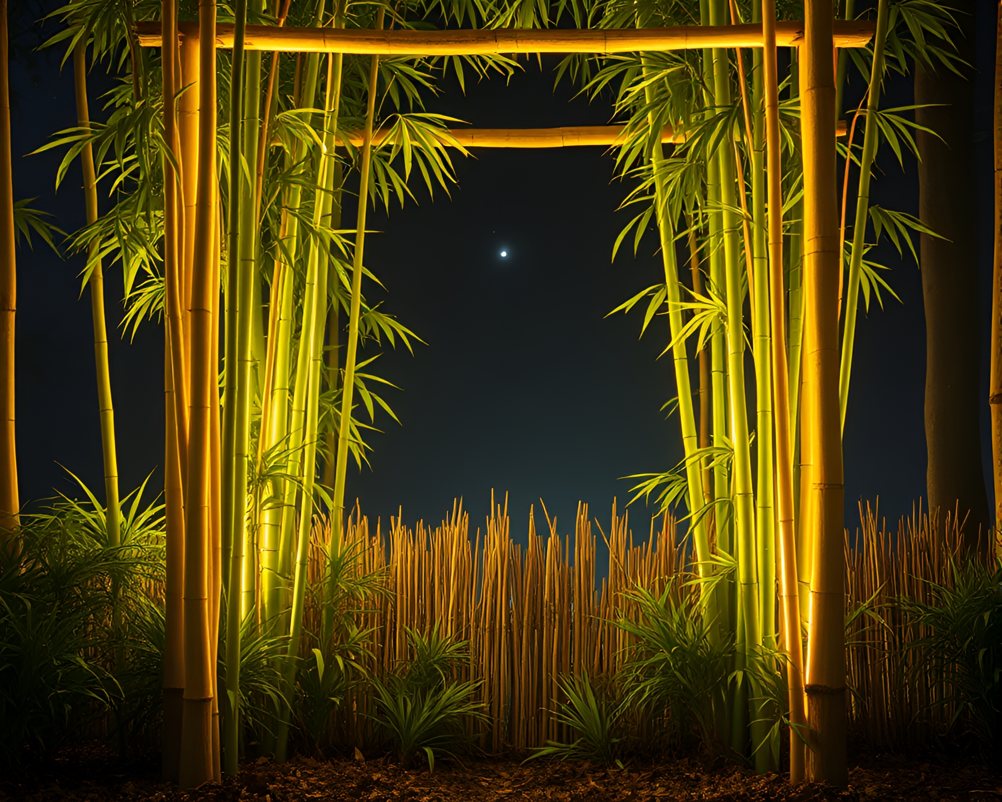 Bamboo Hut Glowing in Synthwave Lights – free AI stock image