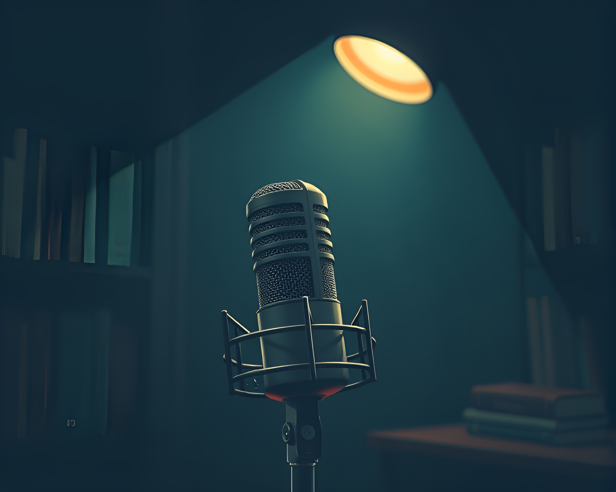 Vintage Microphone in Warm Library Light Close-Up – free AI stock image