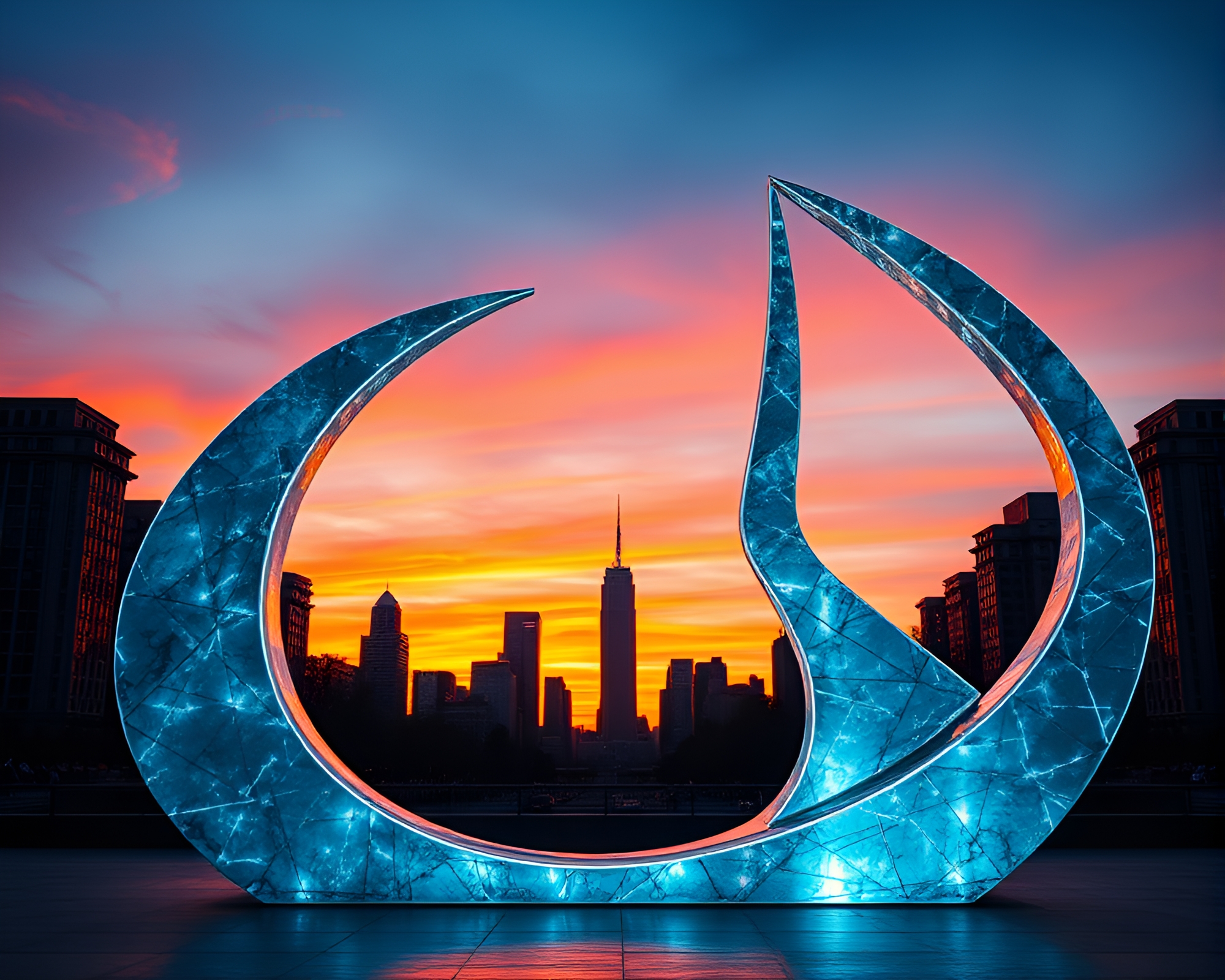 Neon Wireframe Sunset: Marble Statue in Motion – free AI stock image