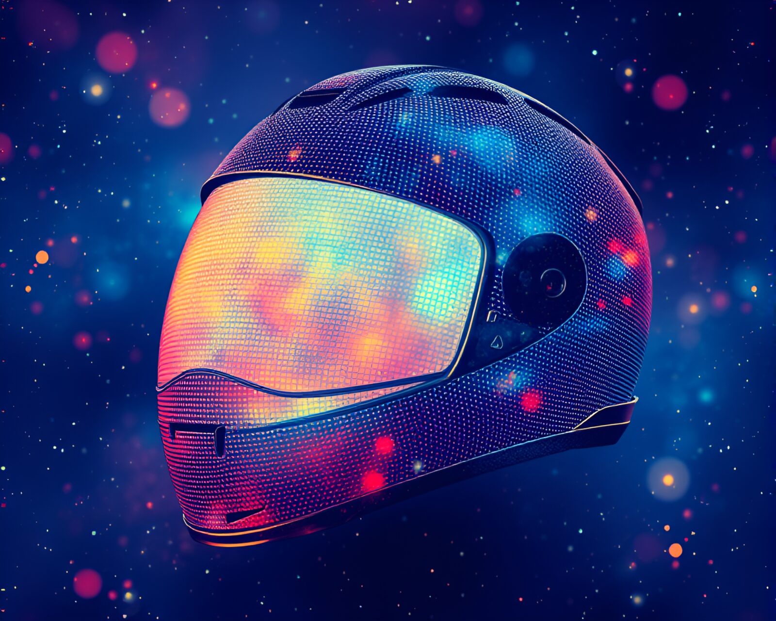 Abstract artwork of a helmet in cosmic hues and grid pattern