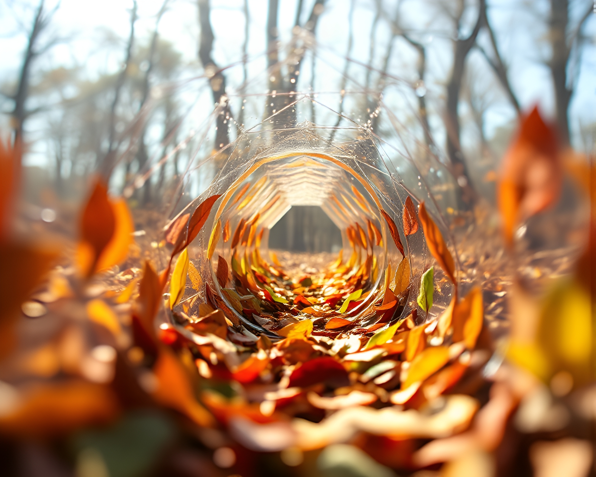 Prismatic Origami Glass Tunnel with Leaf Litter Composition – free AI stock image
