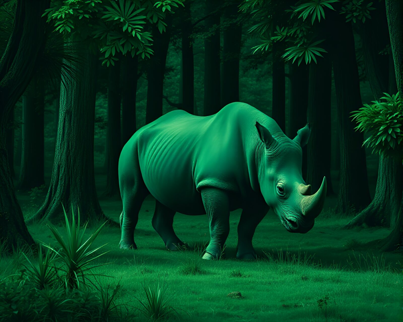 Abstract rhinoceros in a mesmerizing op art forest-green scene