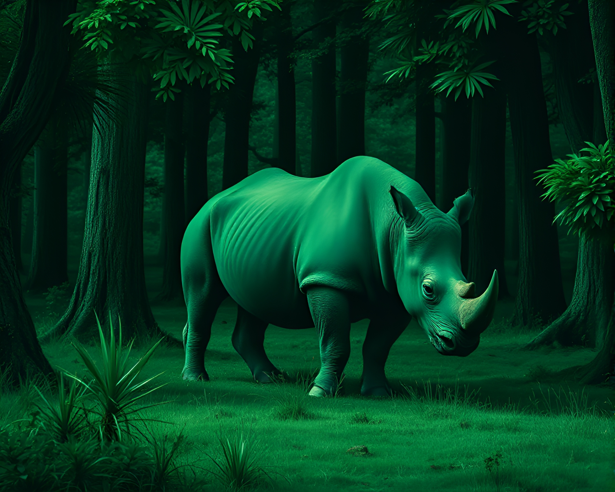 Op Art Rhinoceros in Forest-Green Shade – free AI stock image