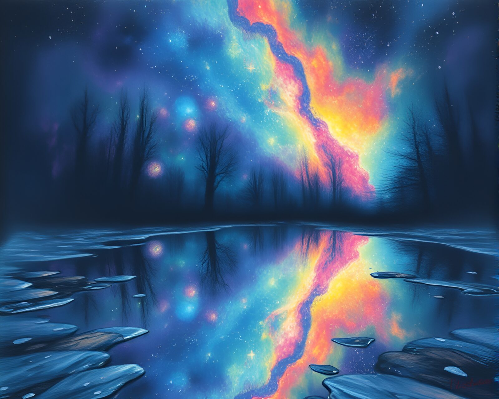 Ethereal cosmic horror scene reflected in a rainbow-hued puddle