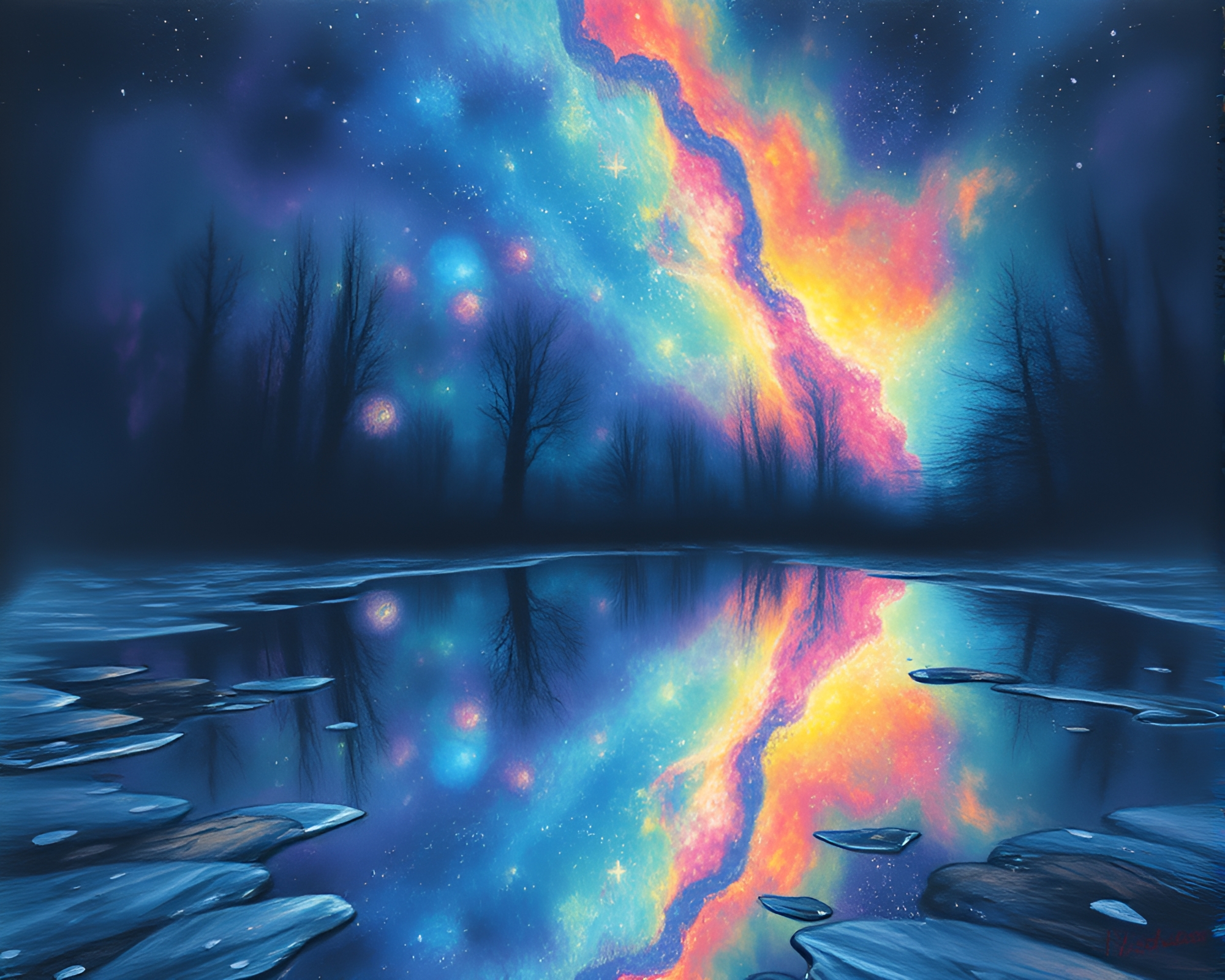 Otherworldly Puddle Reflection: Rainbow Horror Pastel Drawing – free AI stock image
