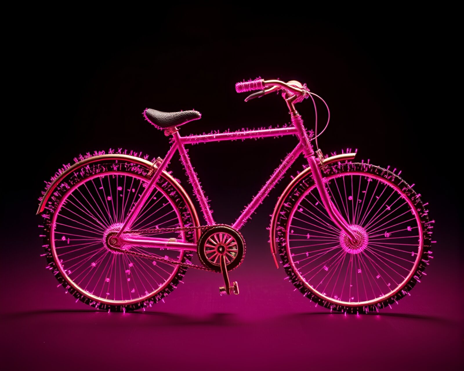 Vibrant bicycle with intricate embroidered details surrounded by glowing magenta particles