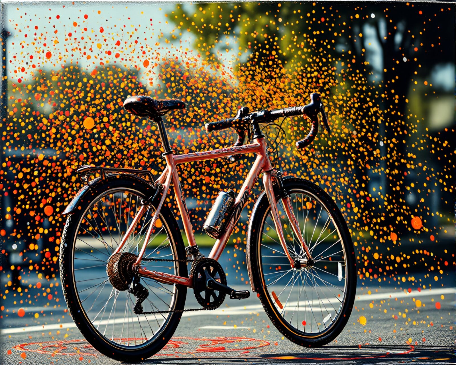Vibrant acrylic splatters depicting a glossy bicycle with highlights.