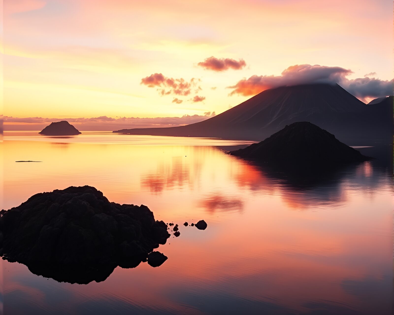 Warm sunset hues reflecting on volcanic island waters