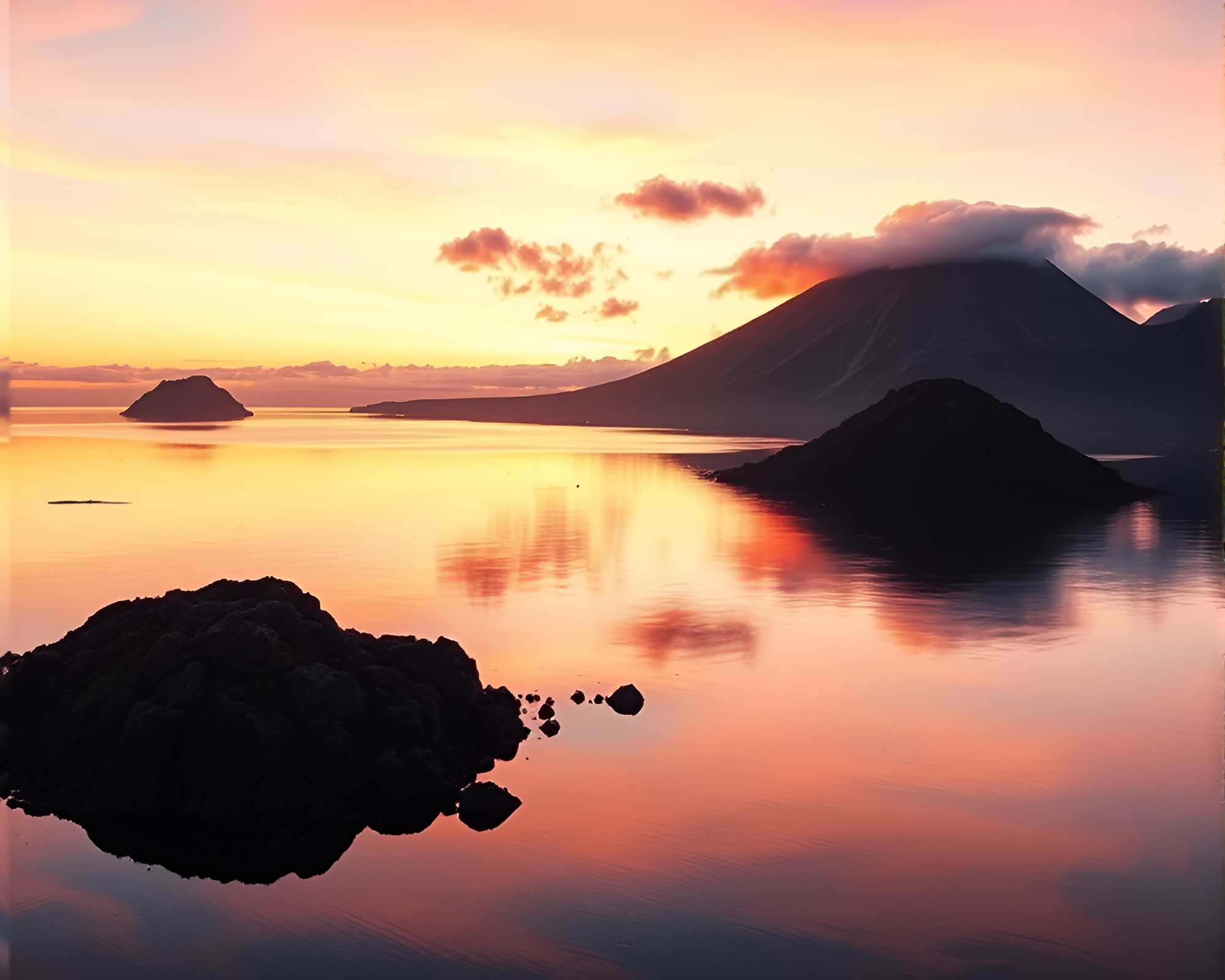 Sunset Reflections on Volcanic Island – free AI stock image