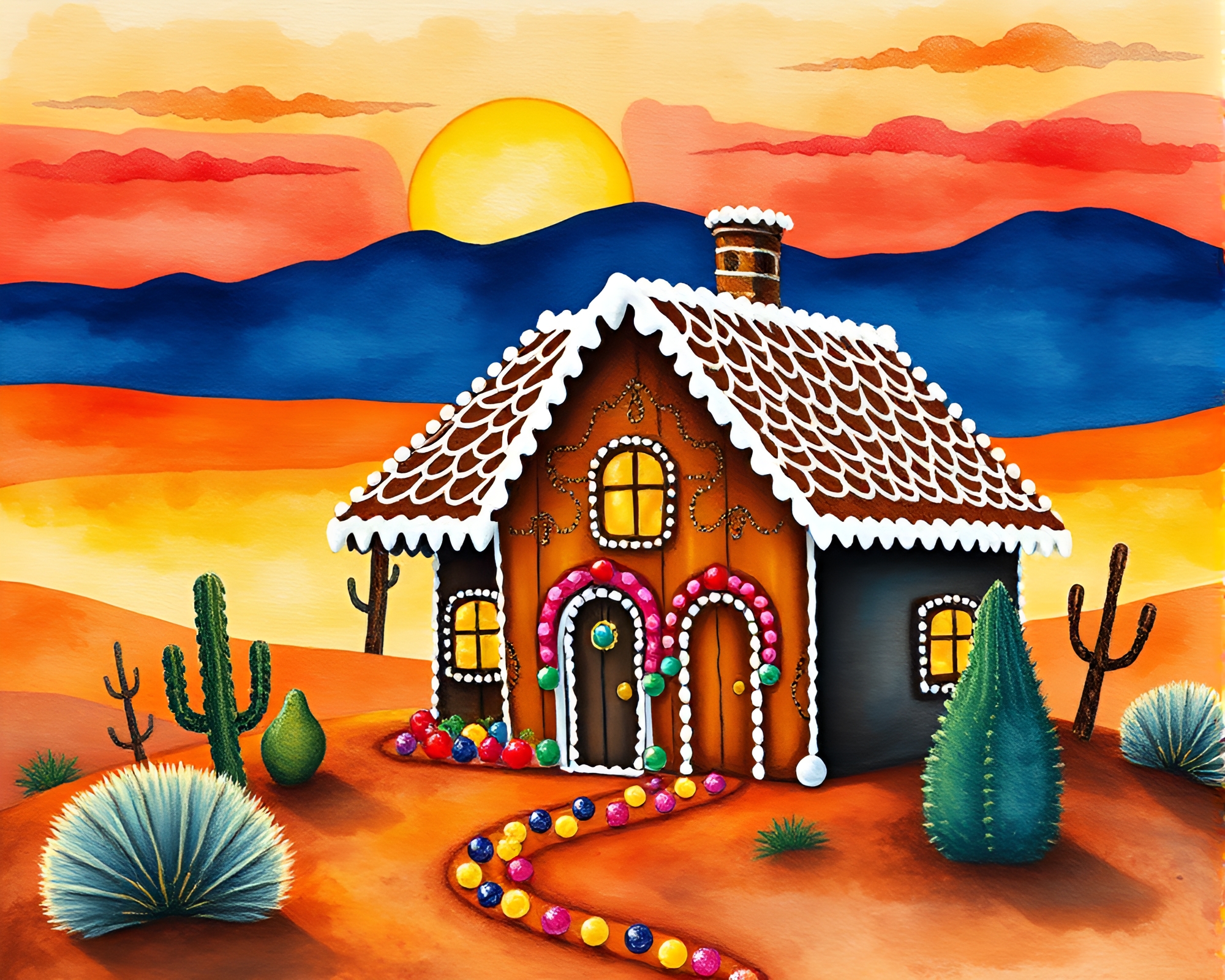 Gingerbread House Sunset in Watercolor Pointillism – free AI stock image
