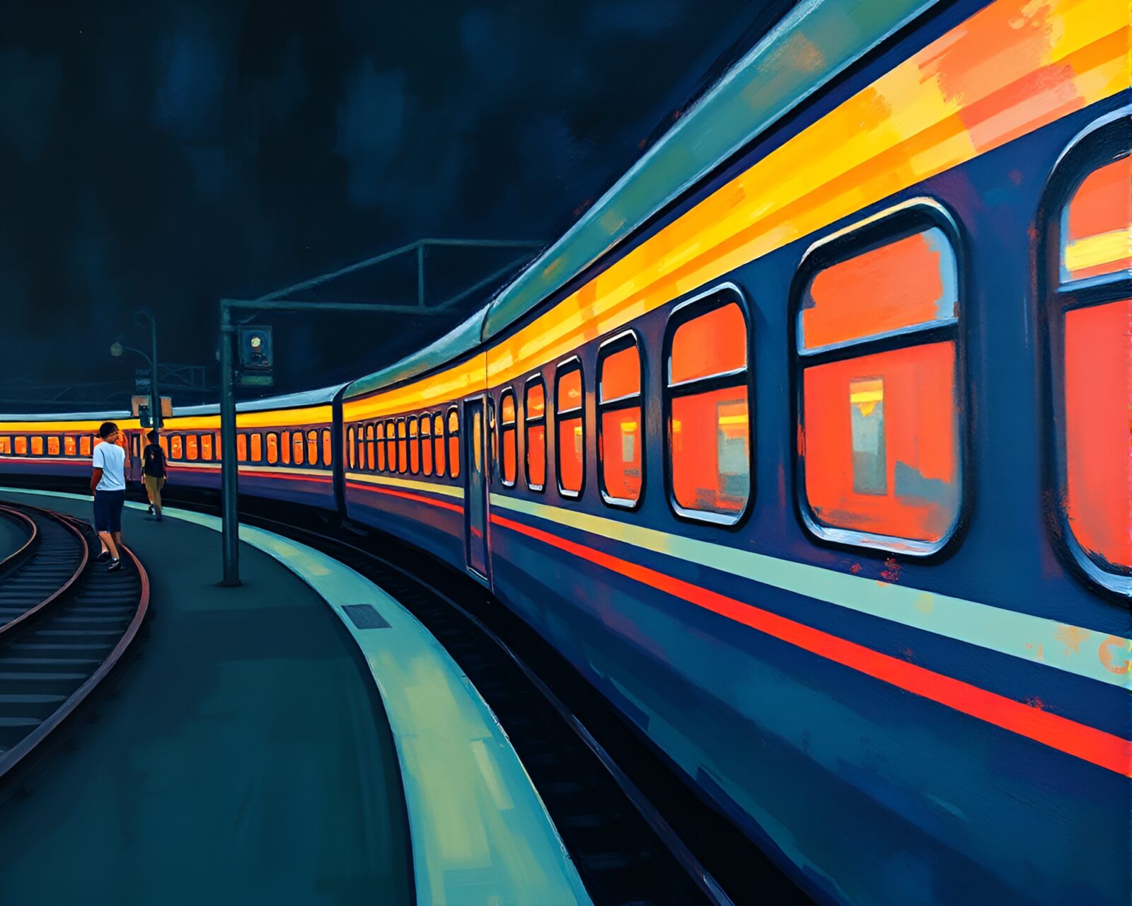 Gouache painting of a hand-painted fan amidst train light trails