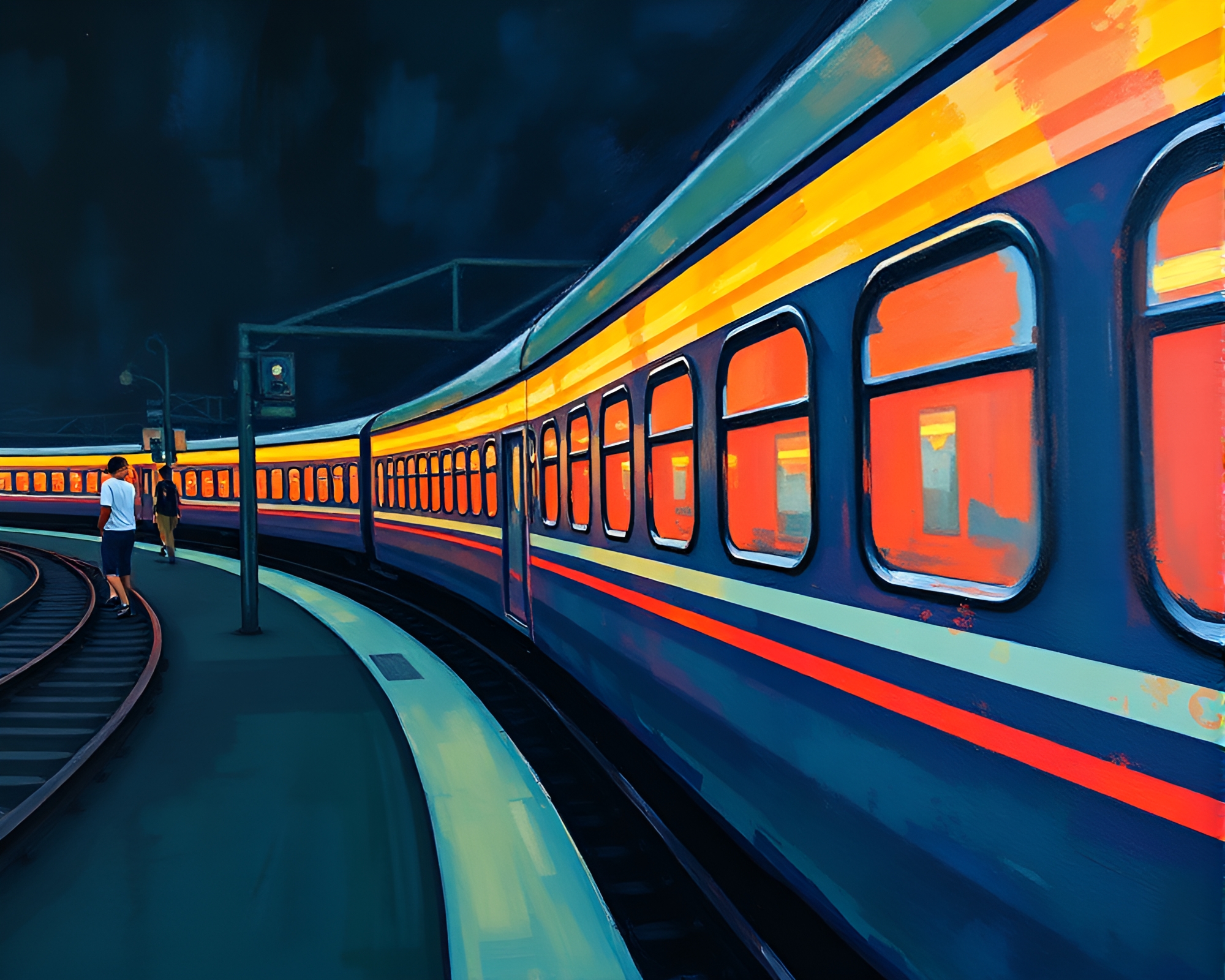 Surreal Train Light Trails Fan Painting – free AI stock image