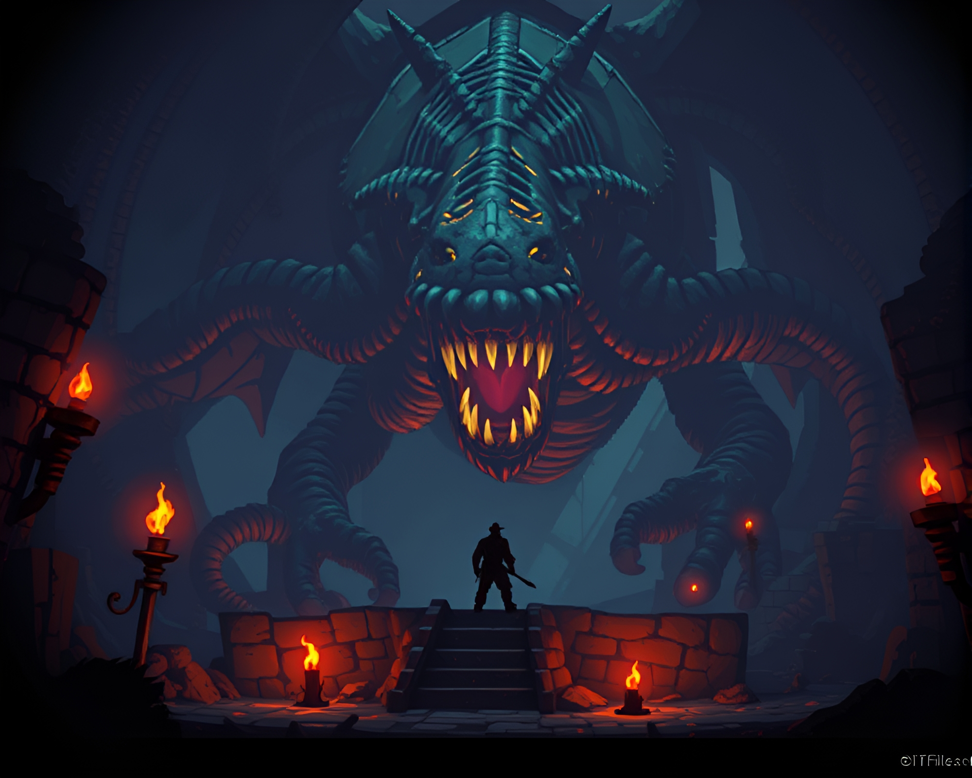 Retro Leviathan Lair Split Focus Dungeon Pixel Art – free AI stock image