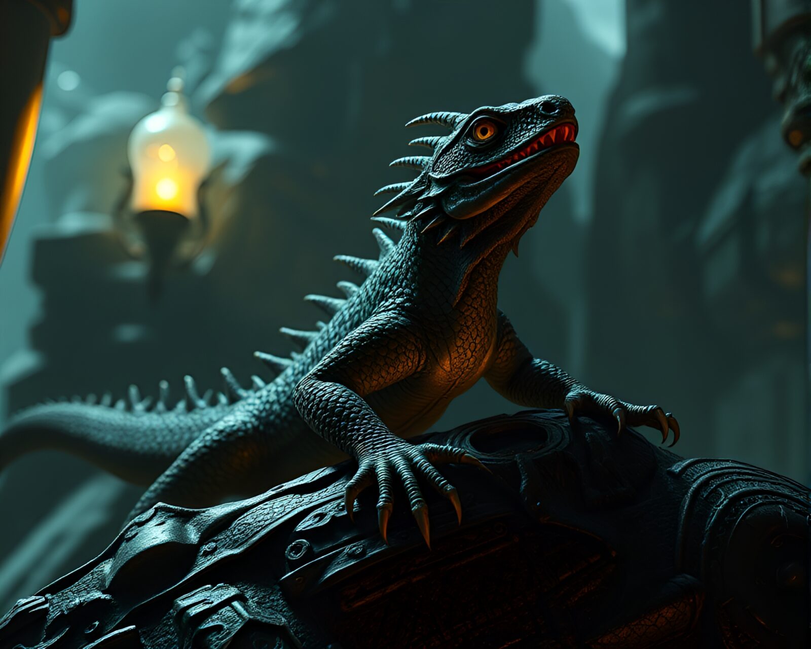 CGI-rendered detailed basilisk in dungeon torchlight with embroidered elements