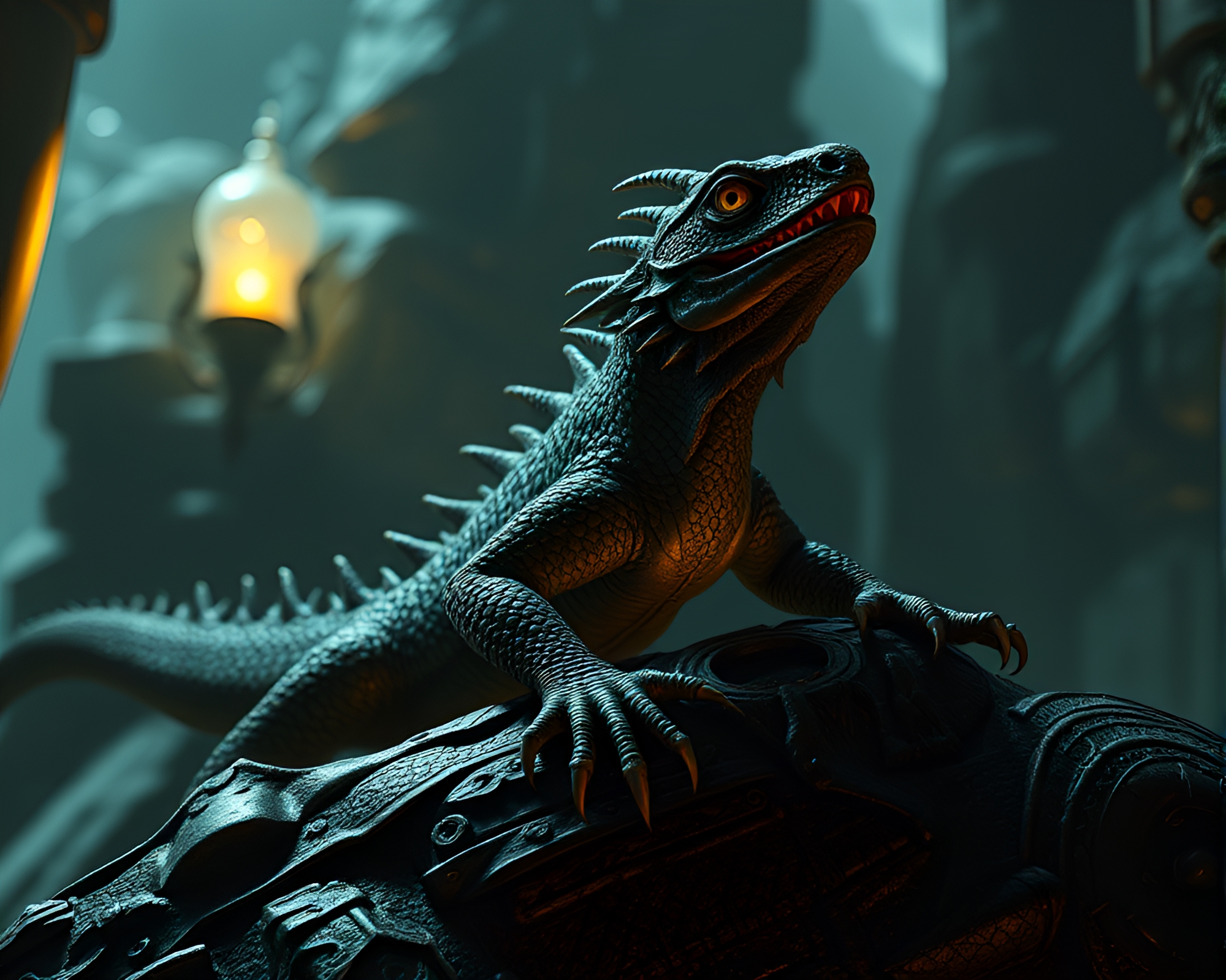 Intricately Embroidered Basilisk in Dungeon Torchlight – free AI stock image