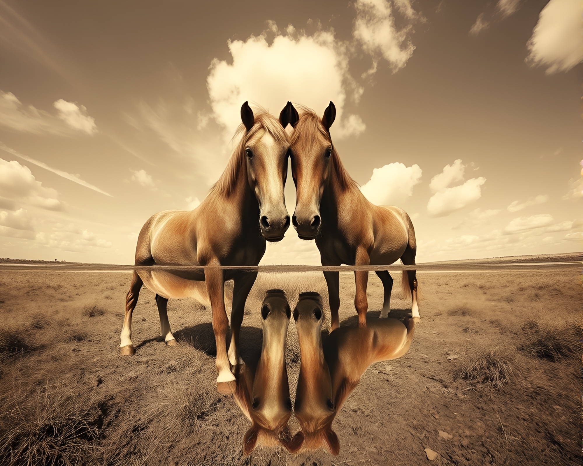 Wild Stallion Double Reflection in Sepia Wide-angle Shot – free AI stock image