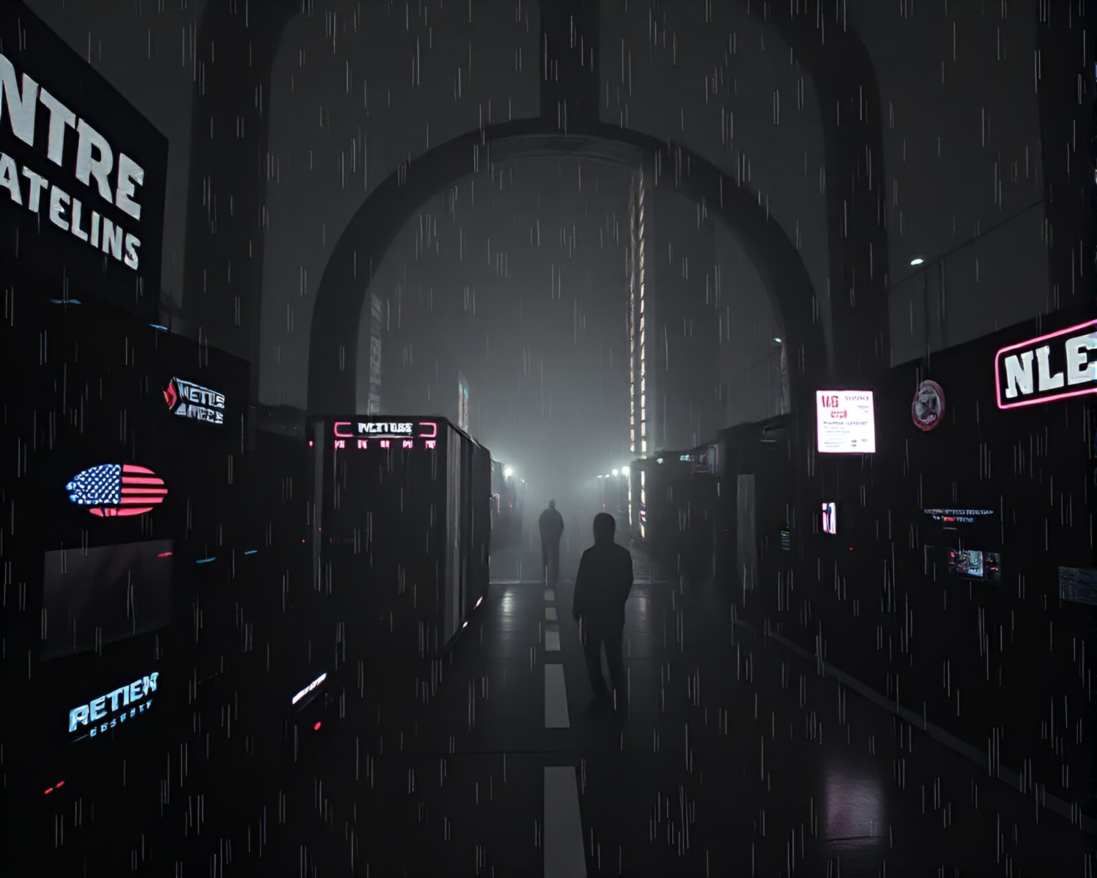 Gloomy grainy virtual reality center in pixelated design