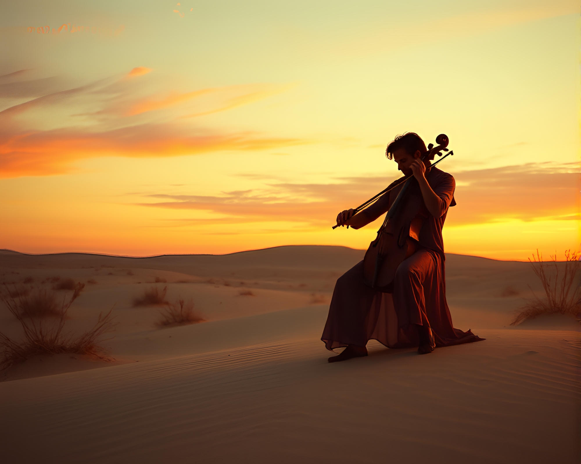 Ethereal Violinist in Desert Sands with Film Burn Effects – free AI stock image