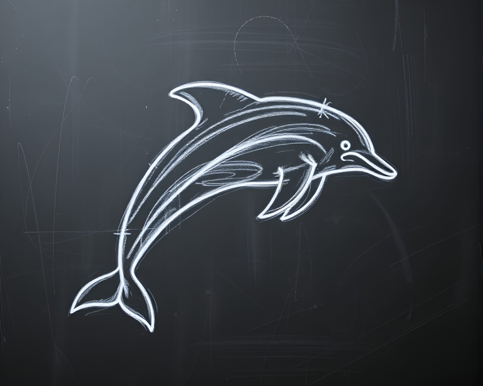 Glowing dolphin surrounded by chalk scrawls in low-key light