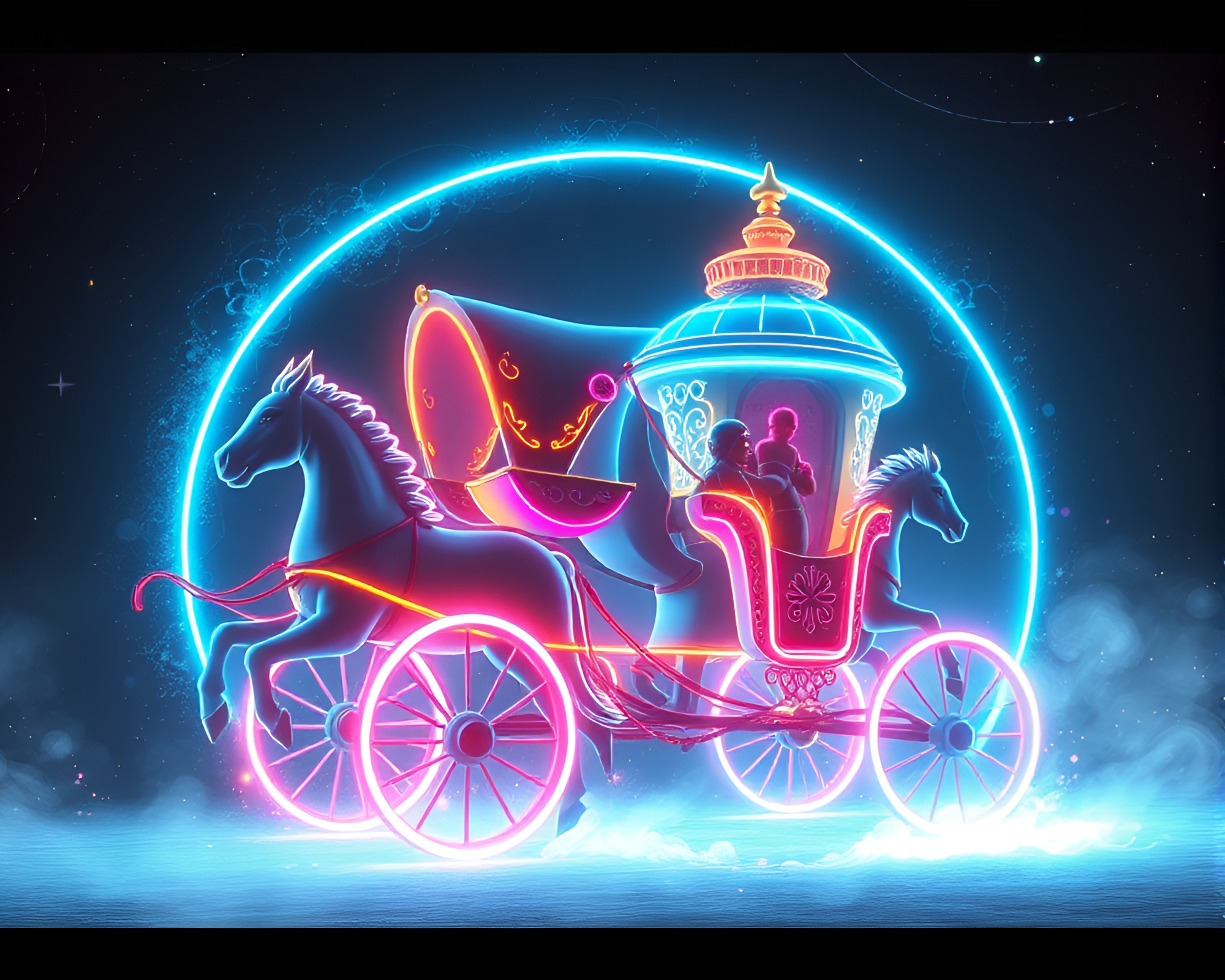 Neon Chariot Glowing in Dusty Light – free AI stock image
